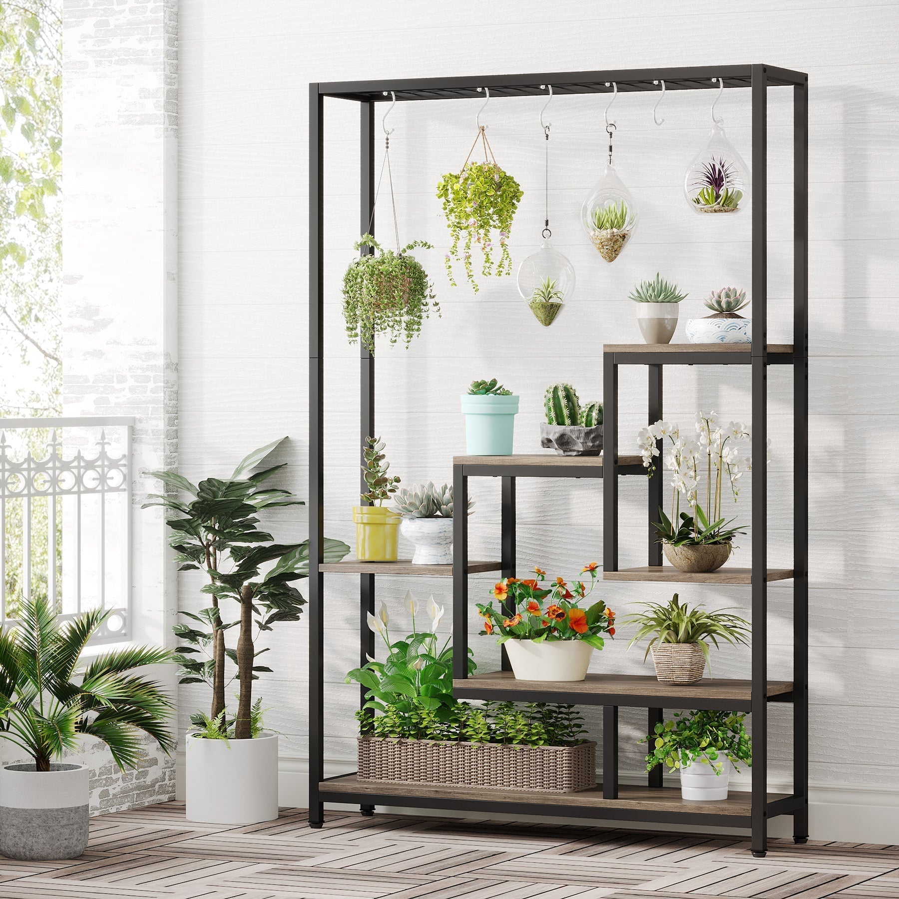 70.9" Plant Stand, Large Flower Bonsai Shelf with 6 S Hanging Hooks Tribesigns
