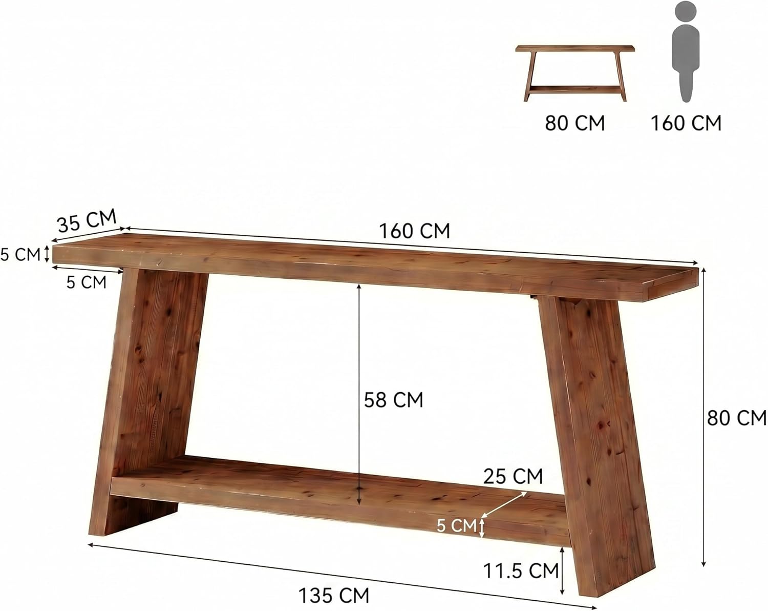 Tribesigns Mesa consola de 160 cm de largo, Mesa auxiliar estrecha para sofá en madera maciza con 2 estantes