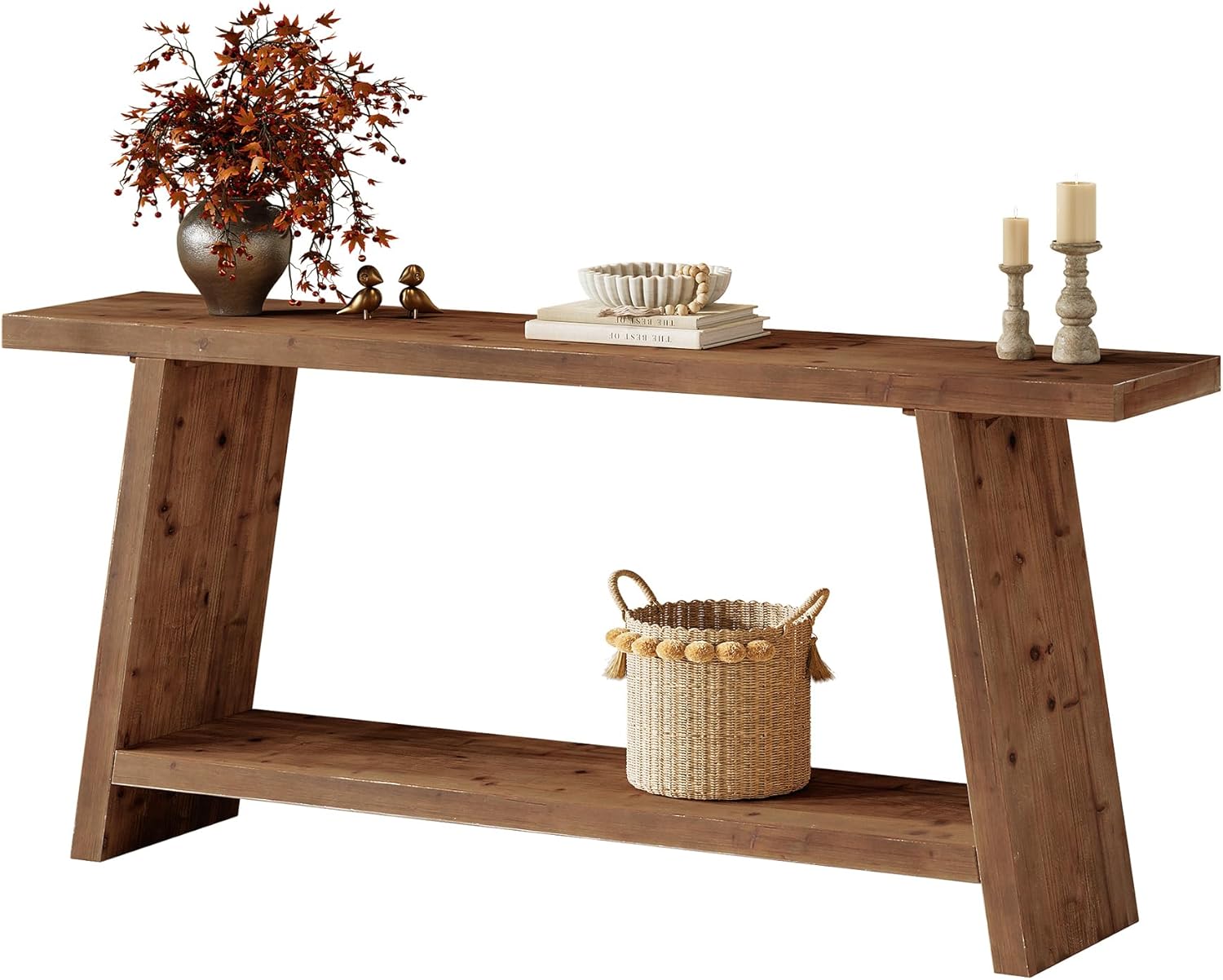 Tribesigns Mesa consola de 160 cm de largo, Mesa auxiliar estrecha para sofá en madera maciza con 2 estantes