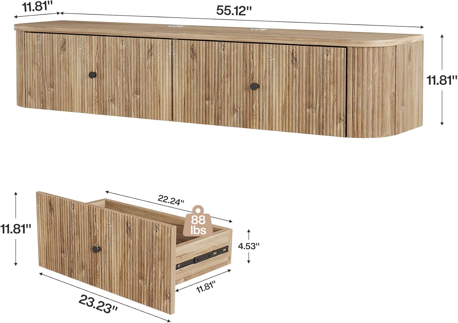 Mueble de TV flotante Tribesigns con 2 cajones acanalados, Mueble multimedia de pared para sala de estar y dormitorio