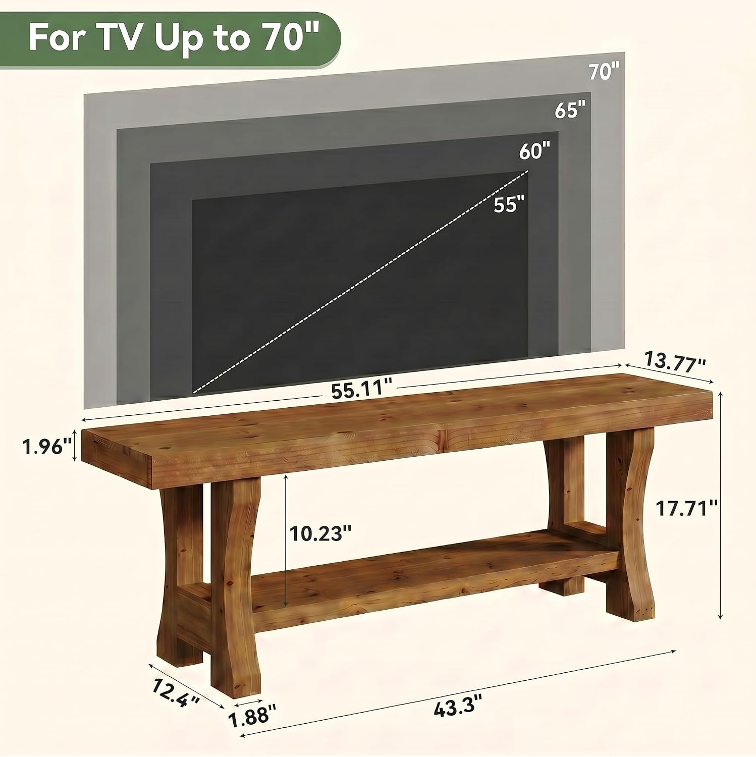Mueble bajo para TV de madera maciza, 140 cm con 2 estantes y compartimentos abiertos, unidad multimedia.