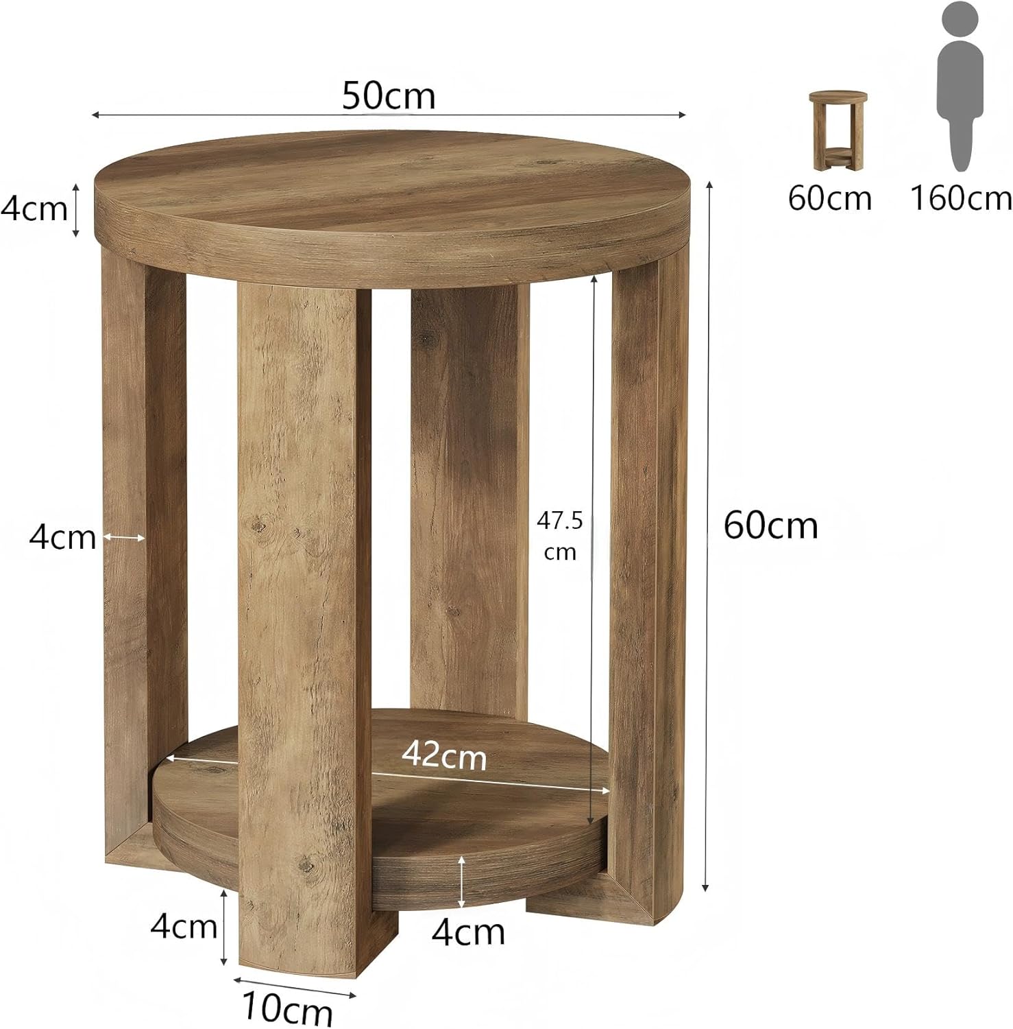 Tribesigns Mesa auxiliar redonda de 50 cm con almacenamiento, Mesita de noche de estilo rústico moderno Mesa de sofá de 2 niveles en color marrón