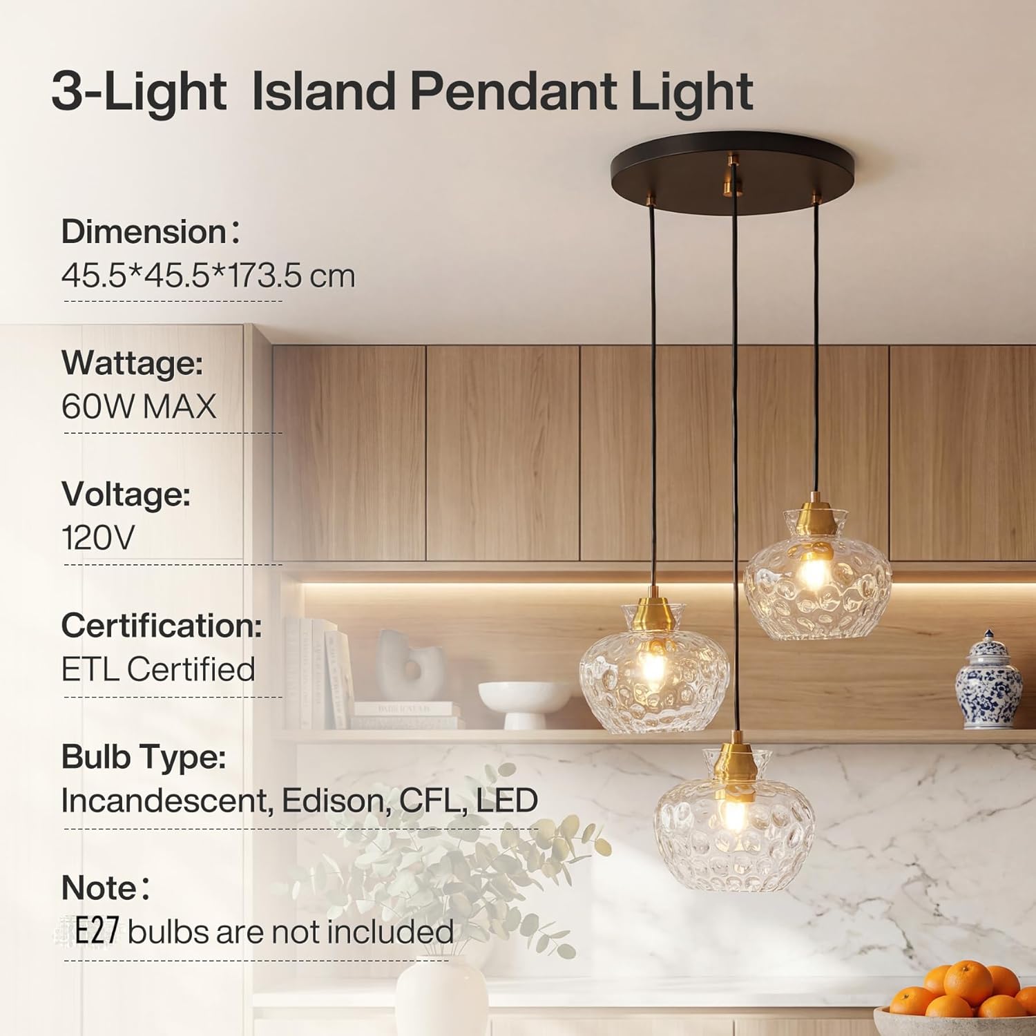 Tribesigns Lámpara colgante de 3 luces con cristal texturizado, Altura regulable casquillo E27