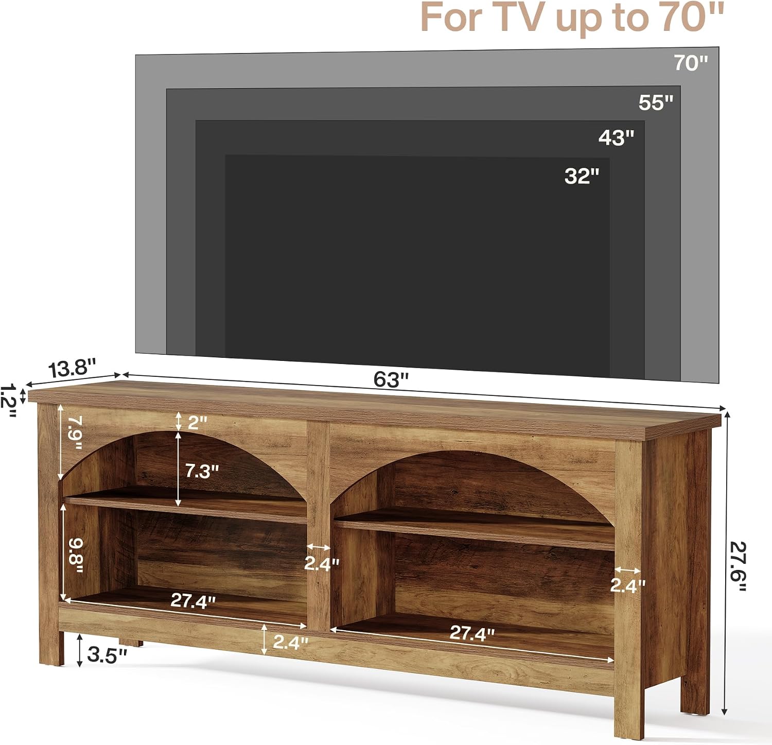Mueble para TV de 160 cm, Sistema de entretenimiento de estilo rústico con estante de 2 niveles