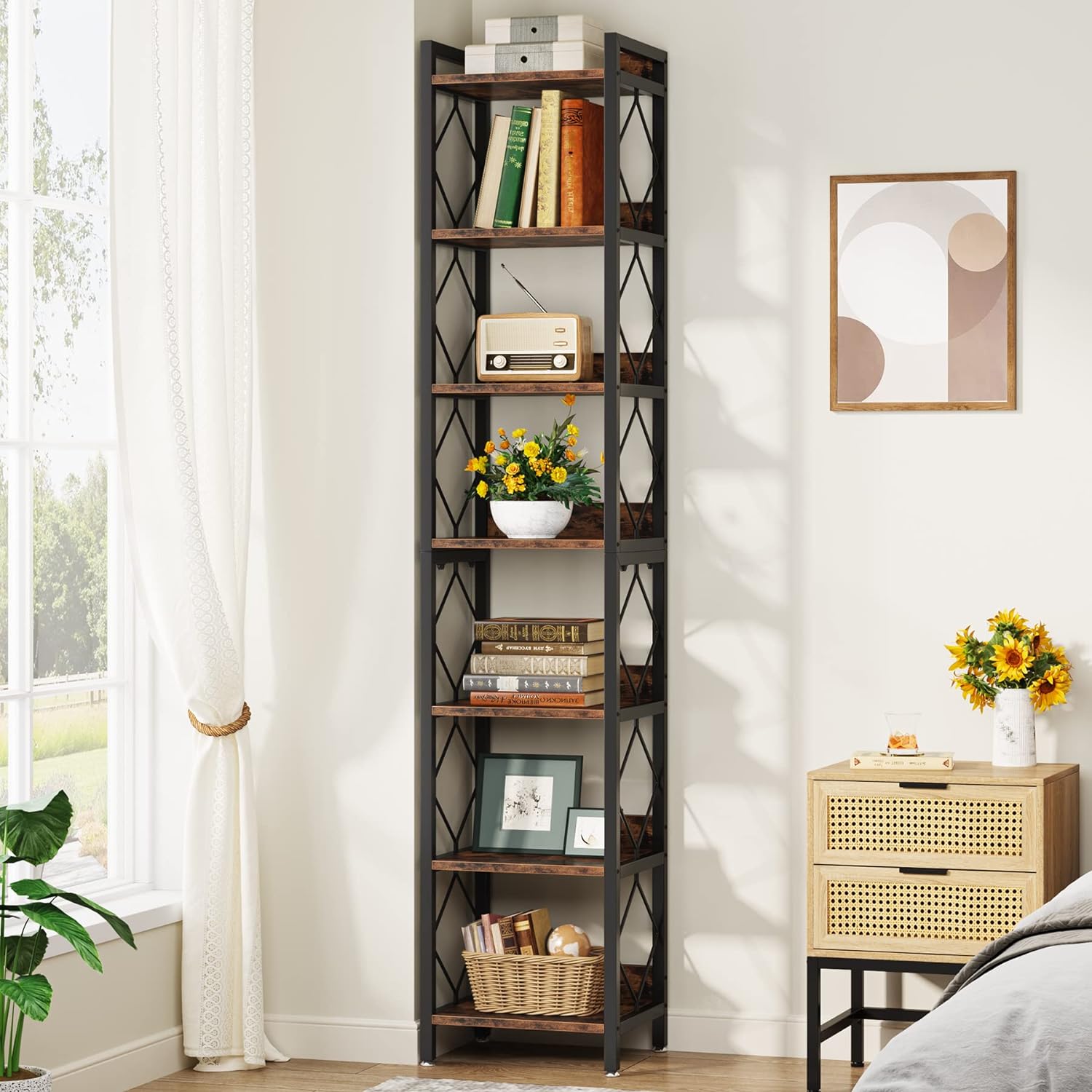 Tribesigns Librería extra alta y estrecha, Estantería de pared de 7 niveles para espacios pequeños