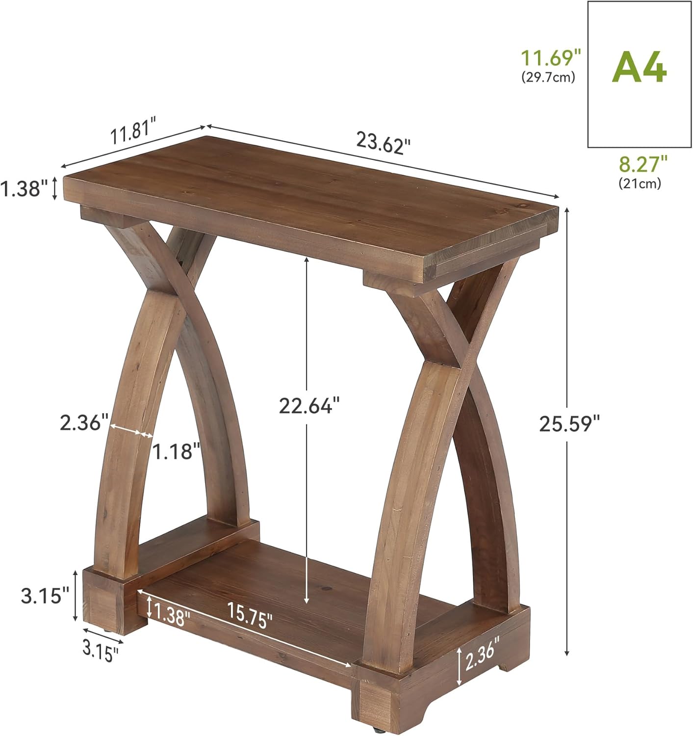 Tribesigns Mesa de centro delgada, Mesa auxiliar de madera maciza de 2 niveles