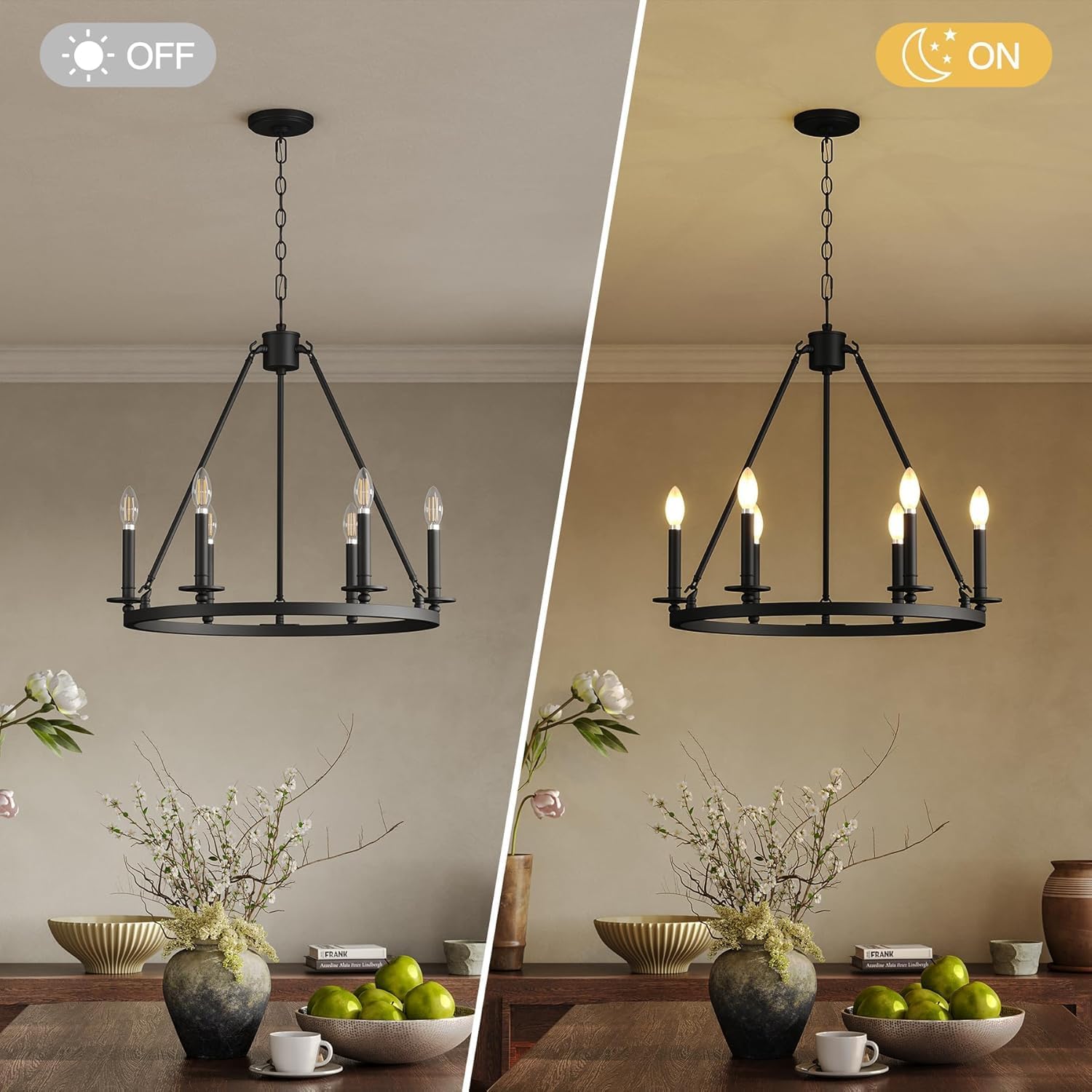 Tribesigns Lámpara de techo de 6 luces con diseño de rueda de carreta, color negro, Estilo industrial vintage, casquillo E14, ideal para sala de estar y comedor