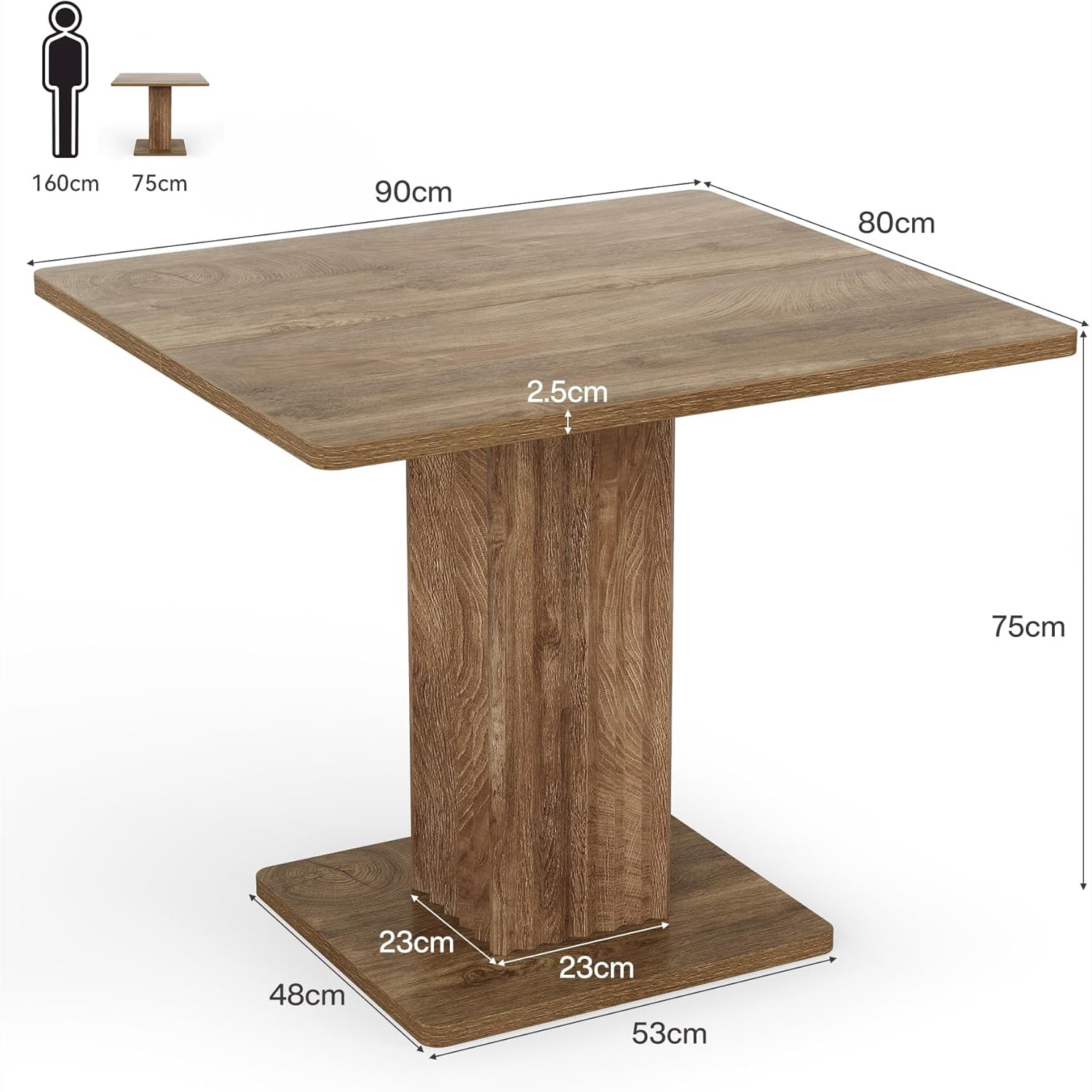 Mesa de comedor compacta de 90x80 cm para 4 personas con base robusta de estilo rústico para cocina y salón