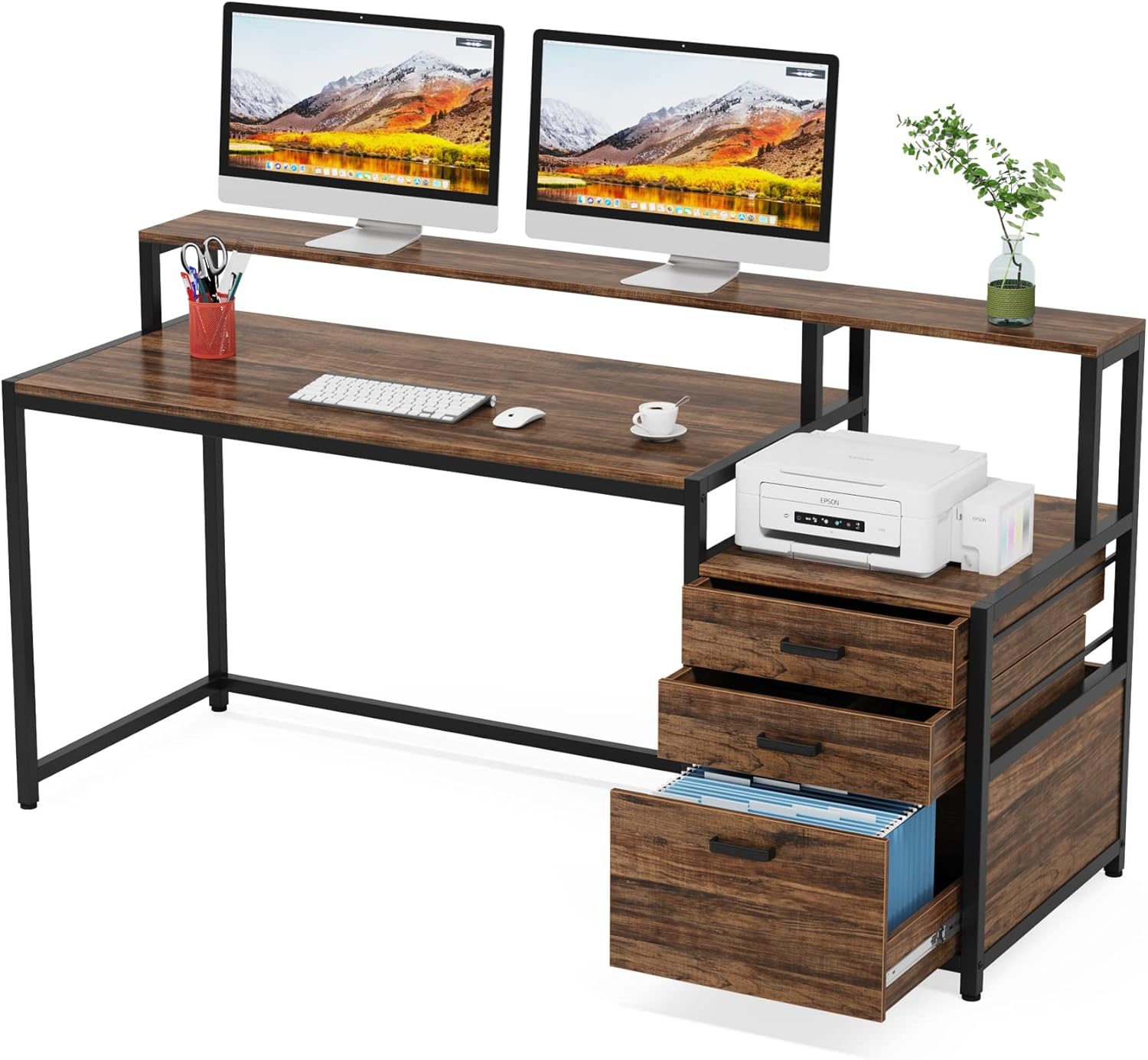 Tribesigns Escritorio con cajones, mesa de ordenador con soporte para monitor