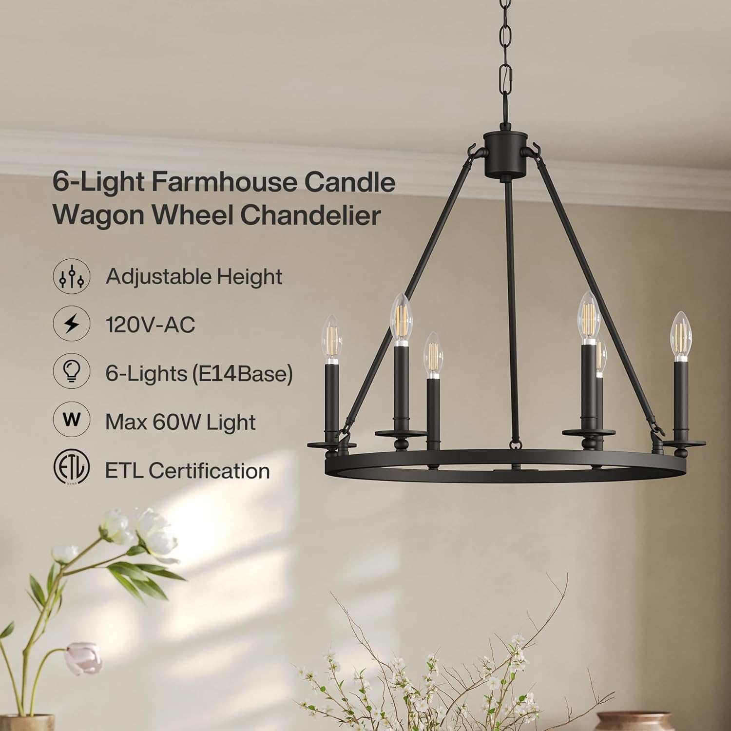 Tribesigns Lámpara de techo de 6 luces con diseño de rueda de carreta, color negro, Estilo industrial vintage, casquillo E14, ideal para sala de estar y comedor