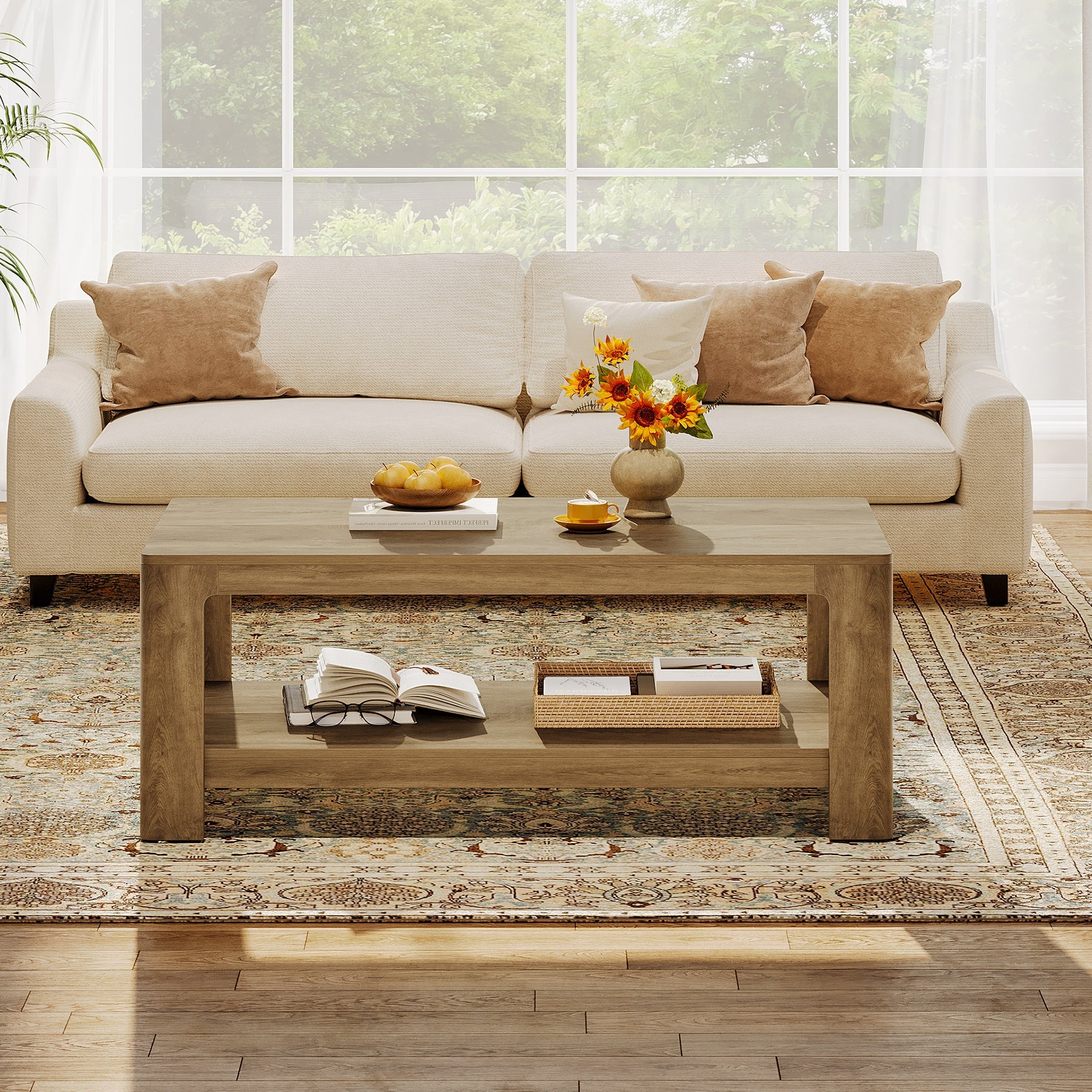 Tribesigns Mesa de centro rectangular de 120 cm con dos niveles de almacenamiento, Mesa de centro de madera para sala de estar