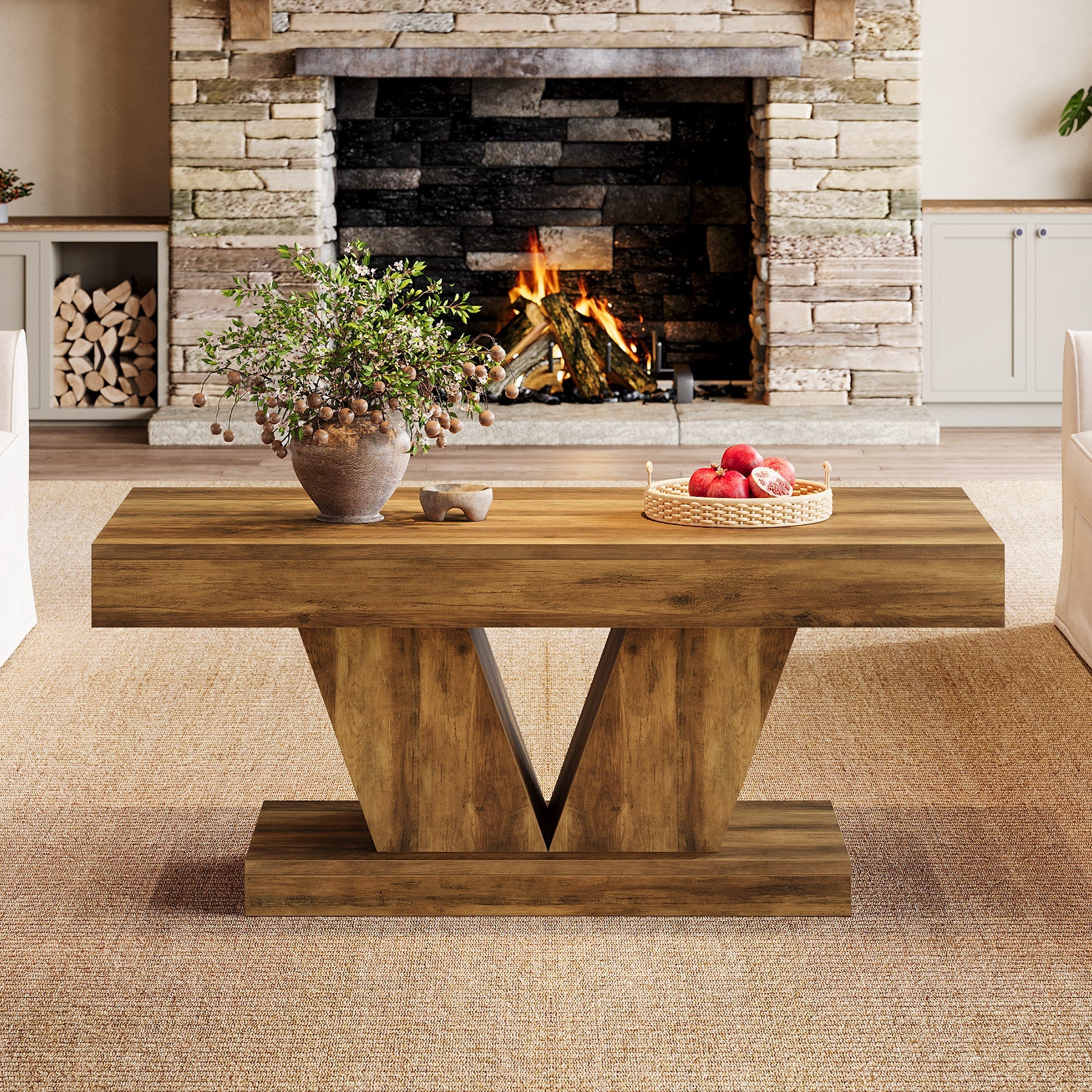 Tribesigns Mesa de centro rectangular de 120 cm de estilo mid century, Mesa de salón en imitación madera con base maciza y base en forma de V