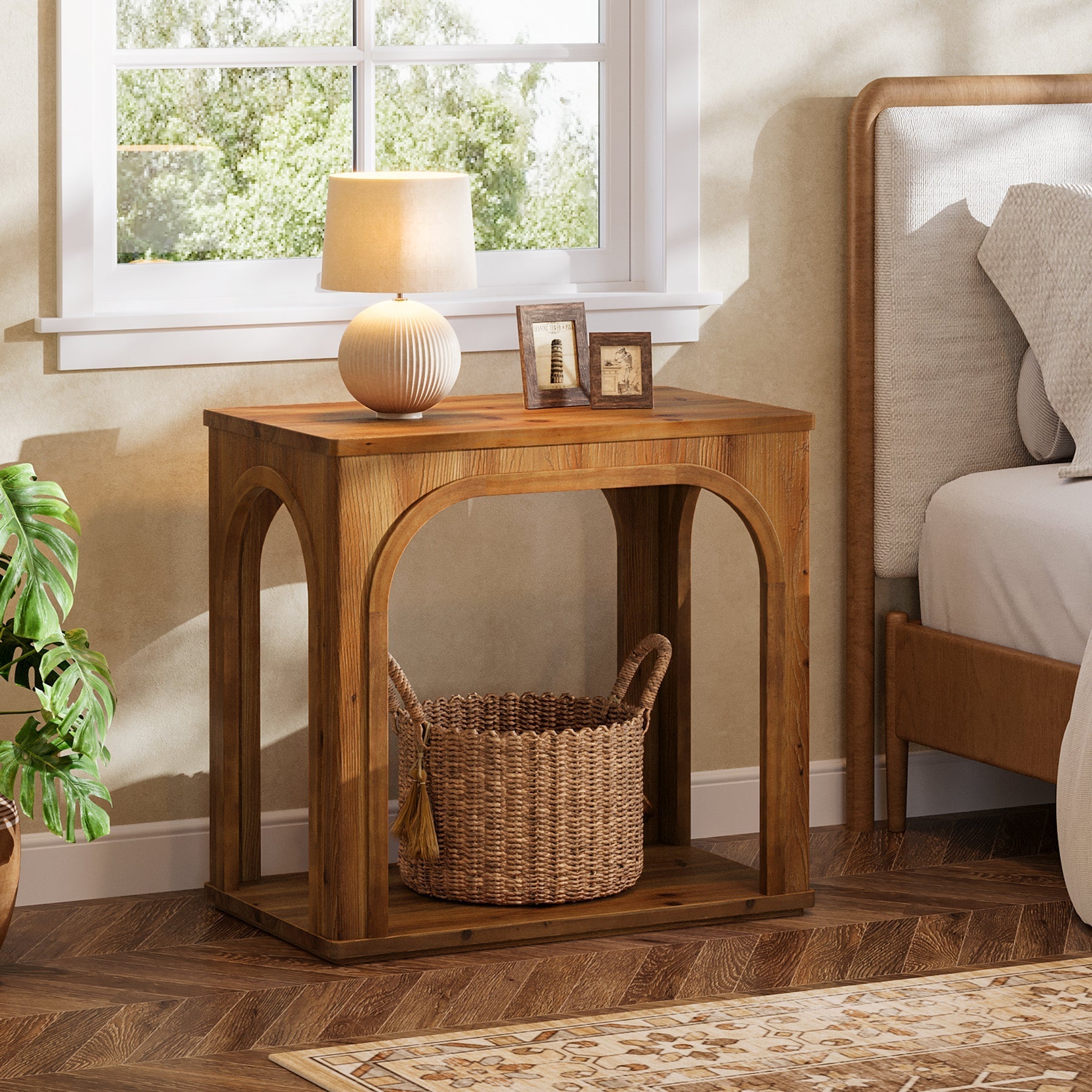Mesita auxiliar rústica de madera maciza de 64 cm con 2 estantes