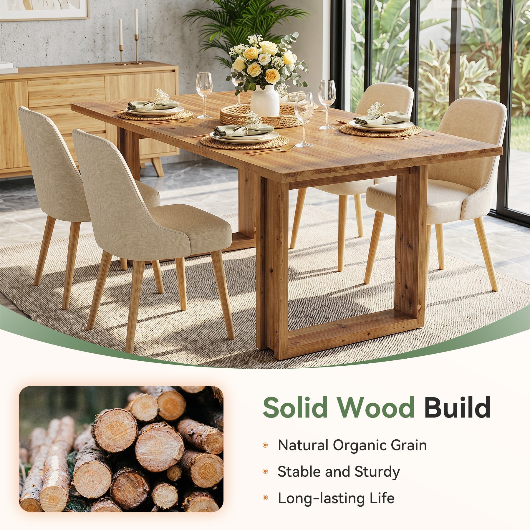 Mesa de comedor de madera maciza de 160 cm para 4-6 personas, Mesa de cocina rectangular de estilo rústico con patas robustas