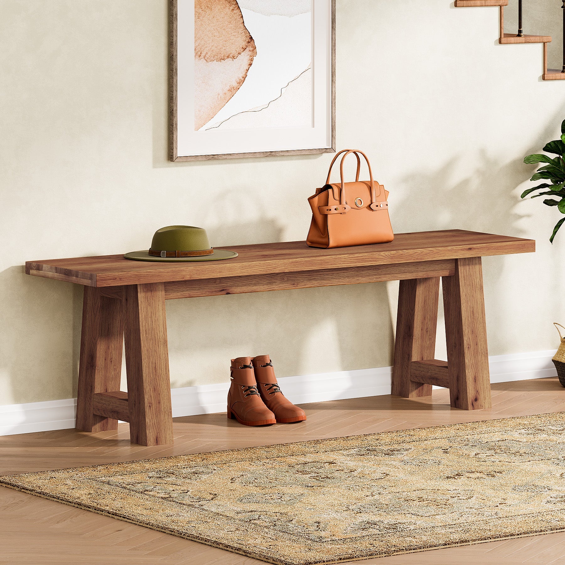 Banco de madera maciza de 140 cm de estilo rústico, Banco largo de entrada fabricado en madera natural