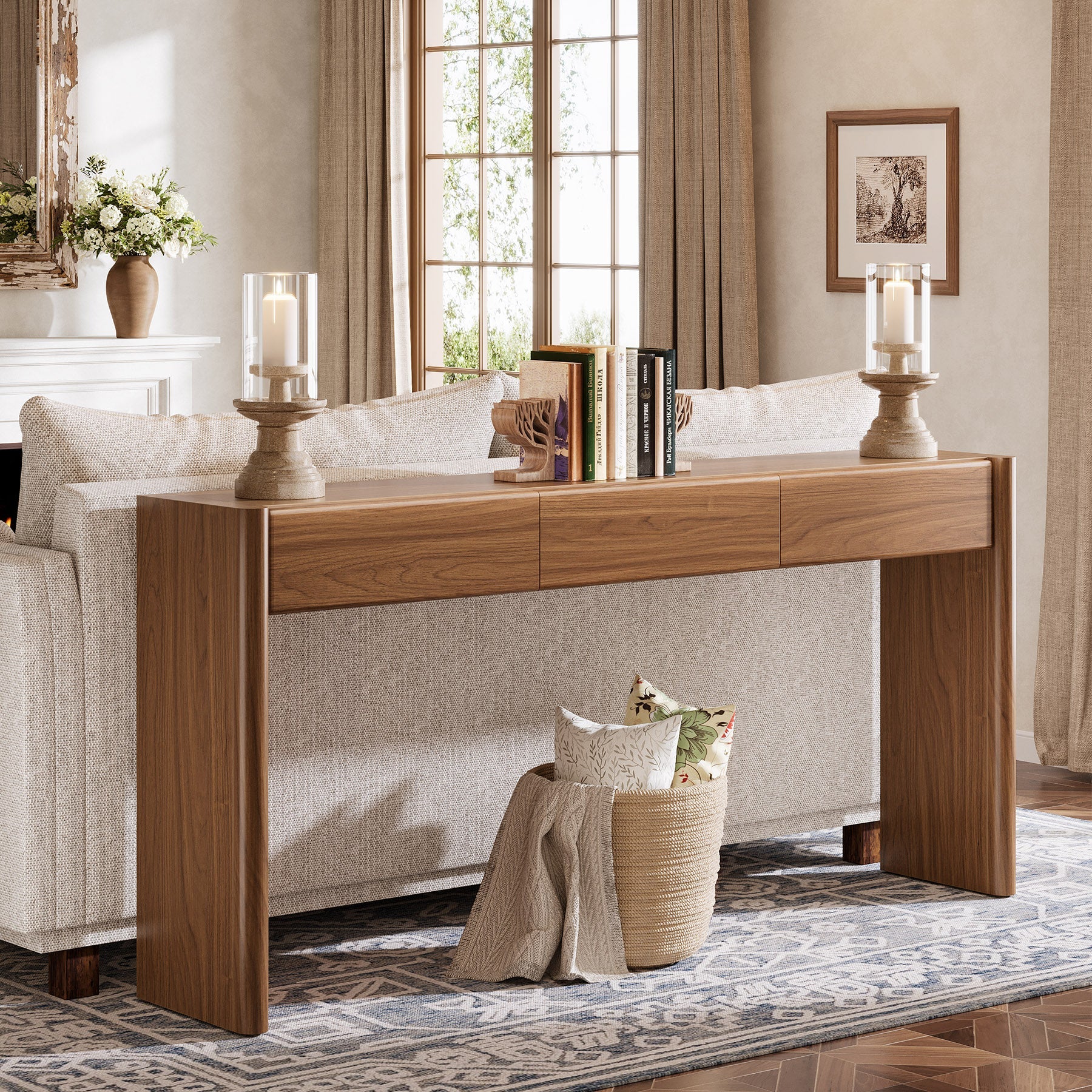 Tribesigns Consola de 180 cm con 3 cajones, Mesa estrecha para recibidor en marrón vintage Mesa auxiliar de madera con estante