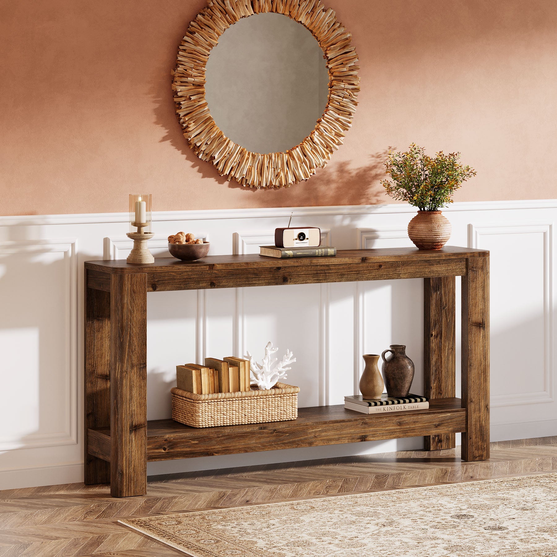 Tribesigns Mesa consola de madera maciza de 160 cm, Mesa auxiliar estrecha de estilo rústico con estante