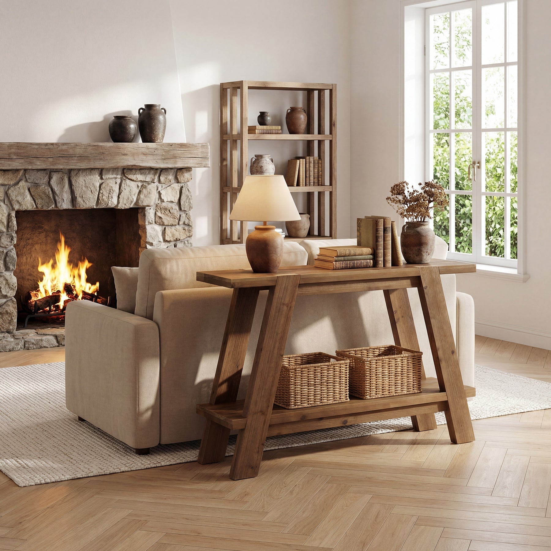 Tribesigns Consola estrecha de madera maciza de 110 cm de estilo rústico, Mesa de centro con 2 estantes