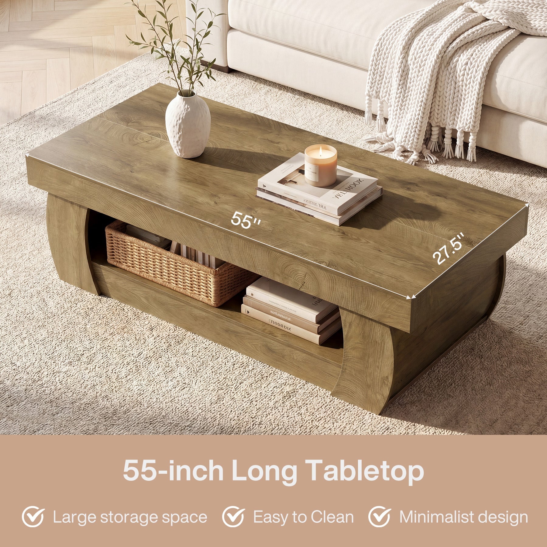 Tribesigns Mesa de centro moderna de 140 cm con estante de almacenamiento abierto, Mesa de salón rectangular con laterales curvos para salón
