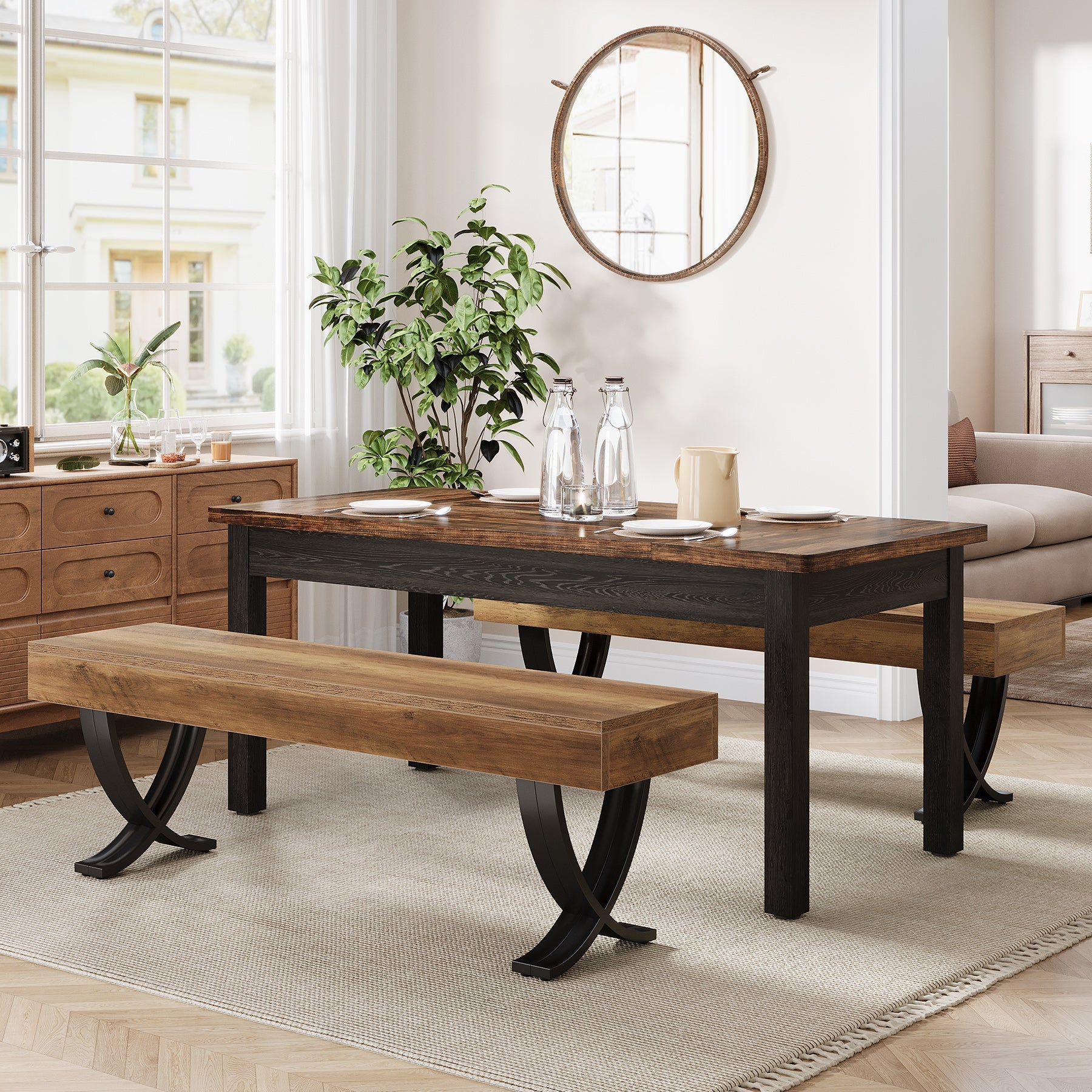 Tribesigns Banco de comedor rústico de 140 cm con tablero de aspecto de madera y patas metálicas en forma de X, Banco de cocina largo para comedor y pasillo