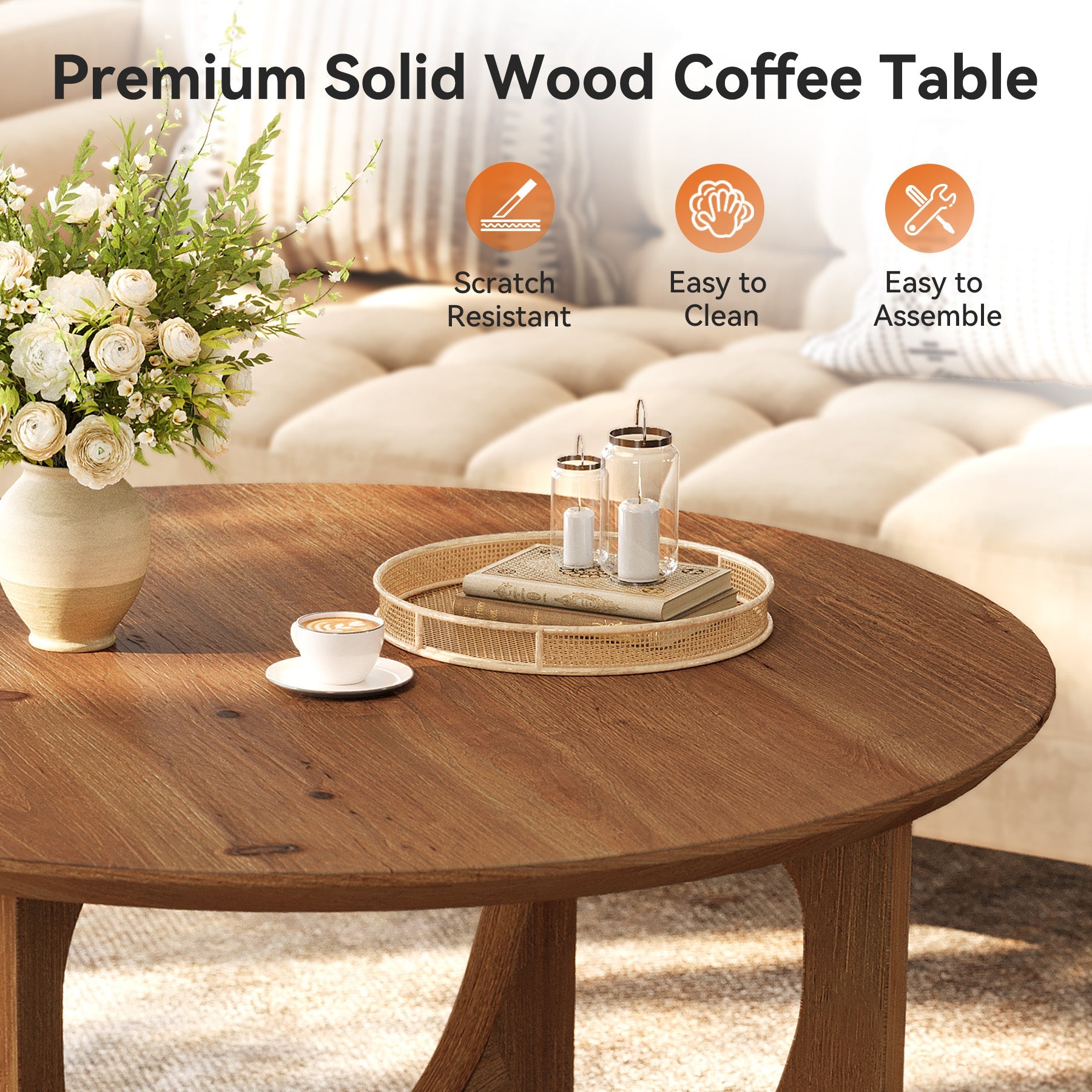 Tribesigns Mesa de centro redonda de madera maciza 80 cm, Mesa de salón de estilo rústico para salas de estar y espacios pequeños