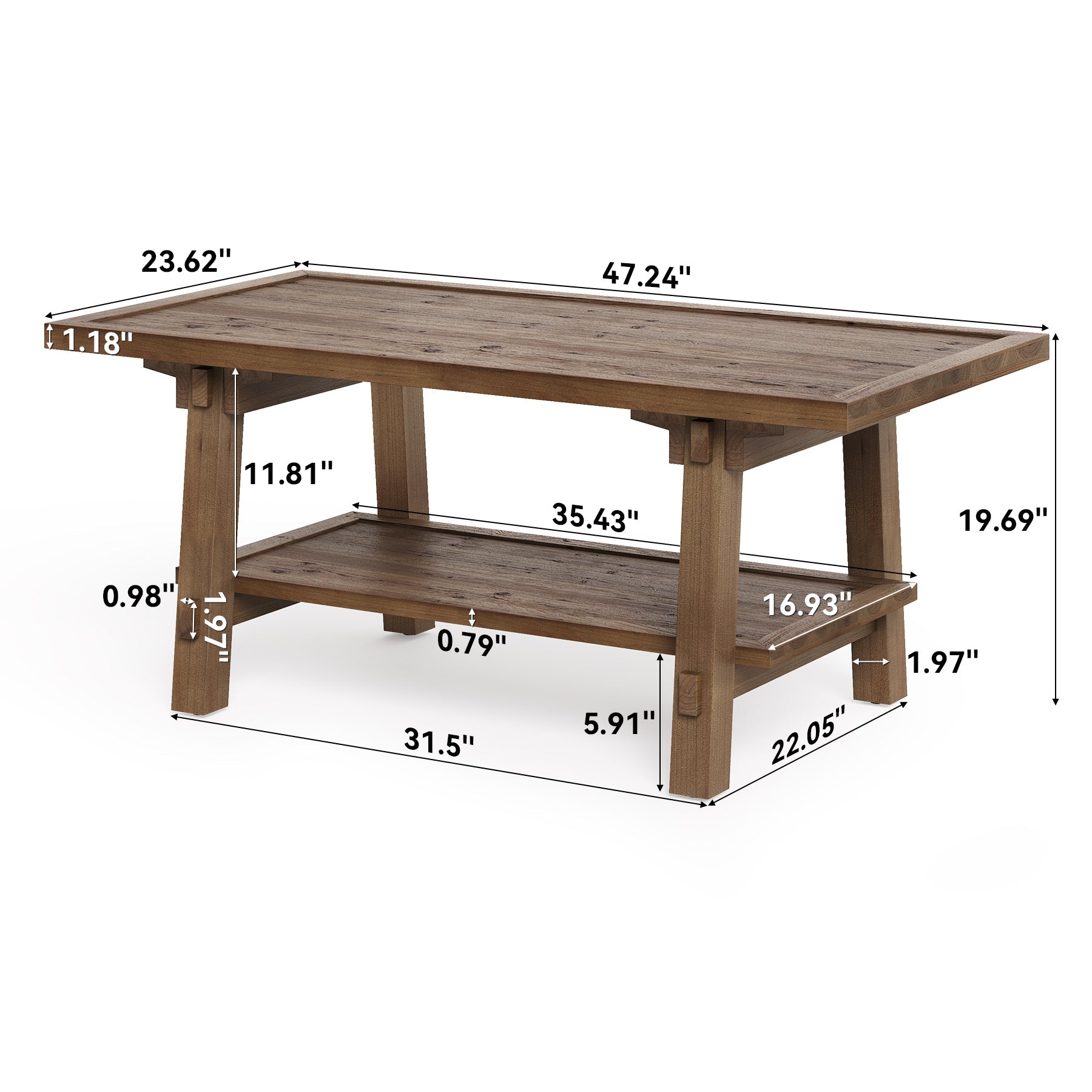 Tribesigns Mesa de centro de madera maciza 120 cm, Mesa de salón rectangular de estilo rústico con 2 estantes