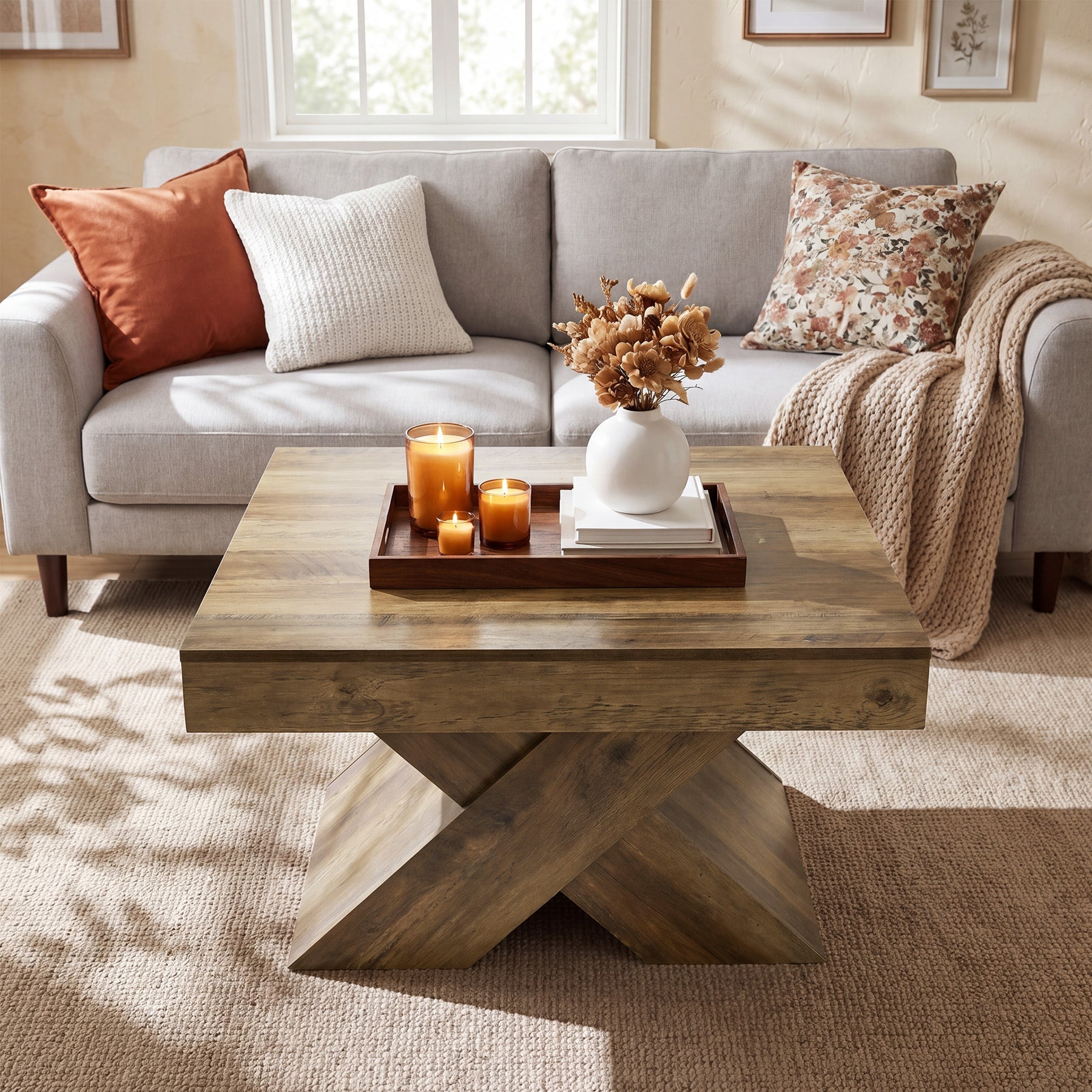 Mesa de centro cuadrada de 80 x 80 cm, Mesa de madera estilo rústico con base en forma de X para sala de estar y espacios pequeños