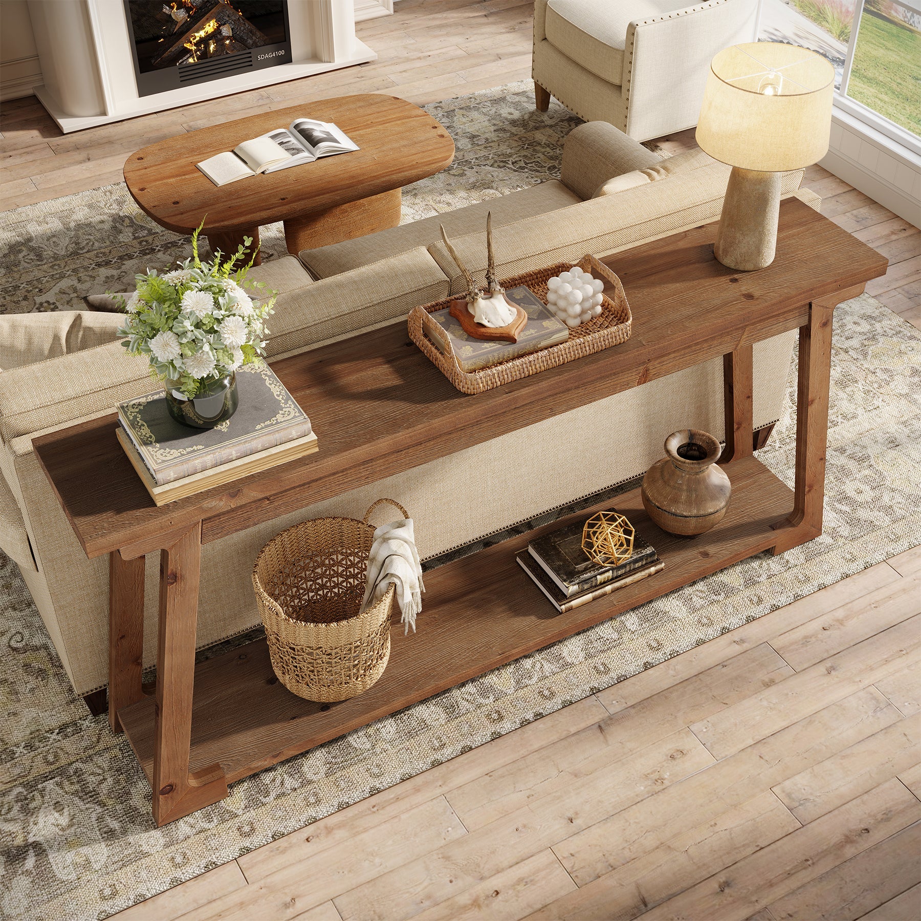 Tribesigns Mesa consola de madera maciza de 160 cm situada detrás del sofá con 2 estantes, Mesa de centro larga y estrecha para salón y recibidor