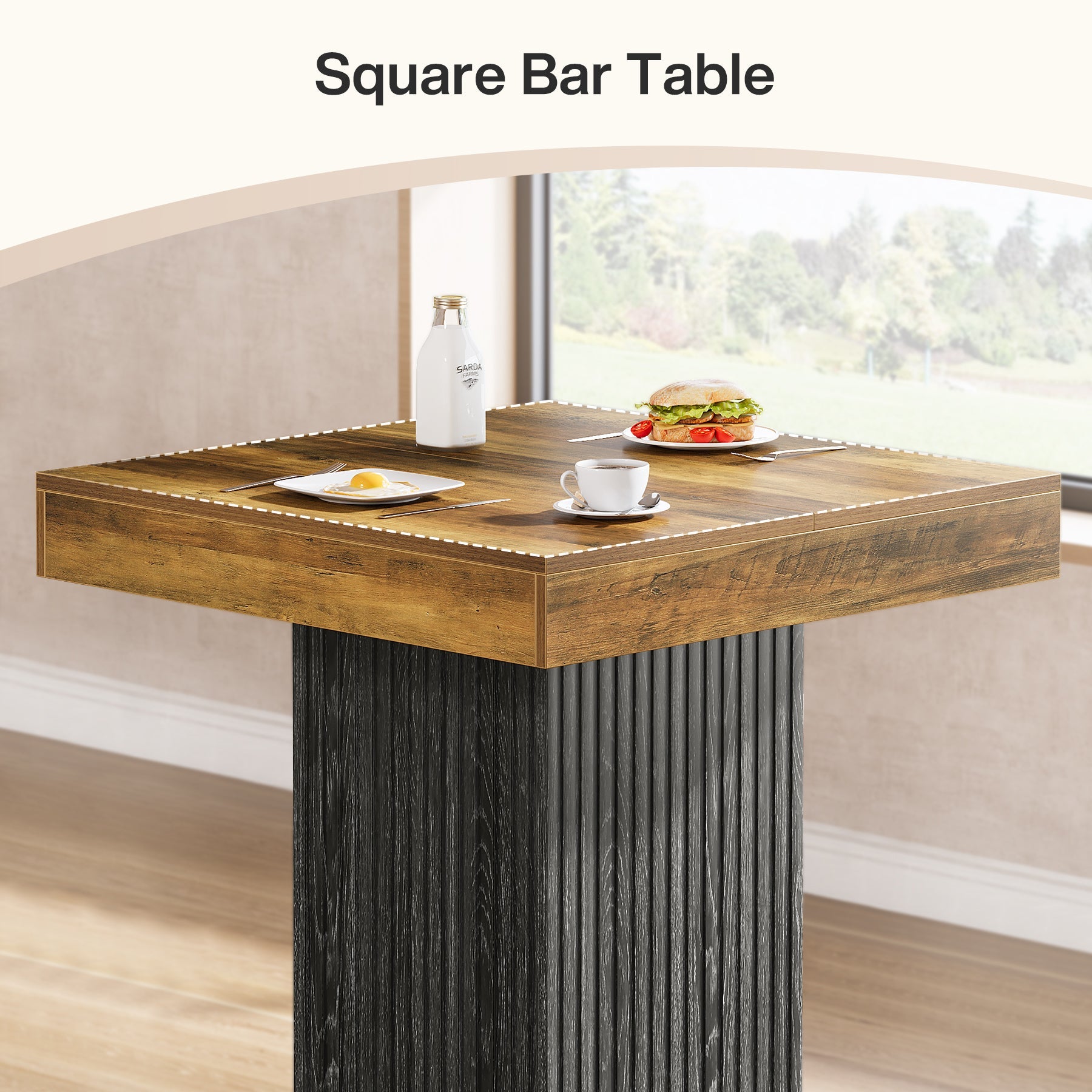 Mesa de bar cuadrada de 80 x 80 x 101 cm con reposapiés metálico, Mesa de pub industrial para cocina y comedor