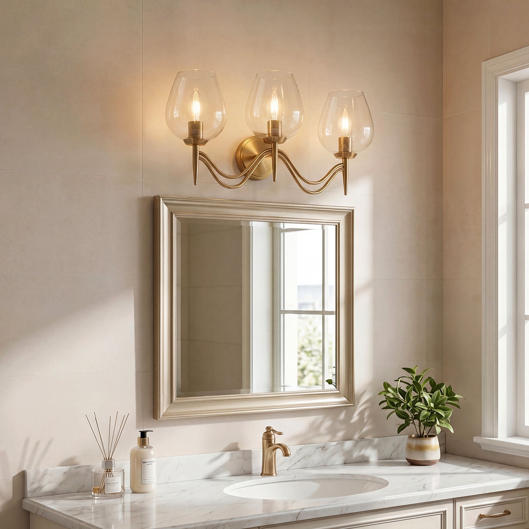 Lámpara de baño de 3 luces 58 cm, de latón con espejo y cristal transparente, casquillo E14