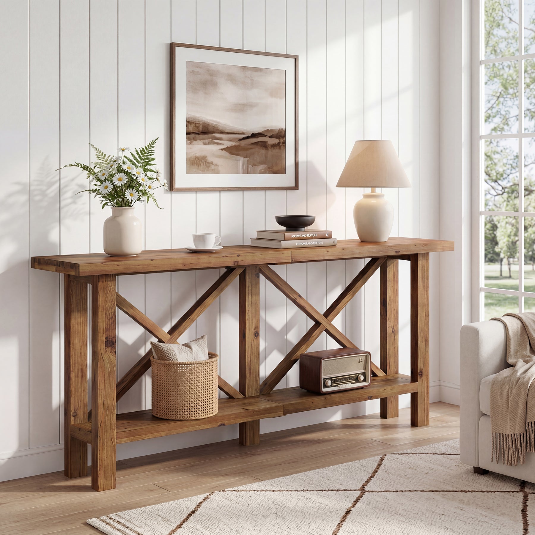 Mesa consola estrecha de 180 cm, Mesa de recibidor de madera maciza de 2 niveles