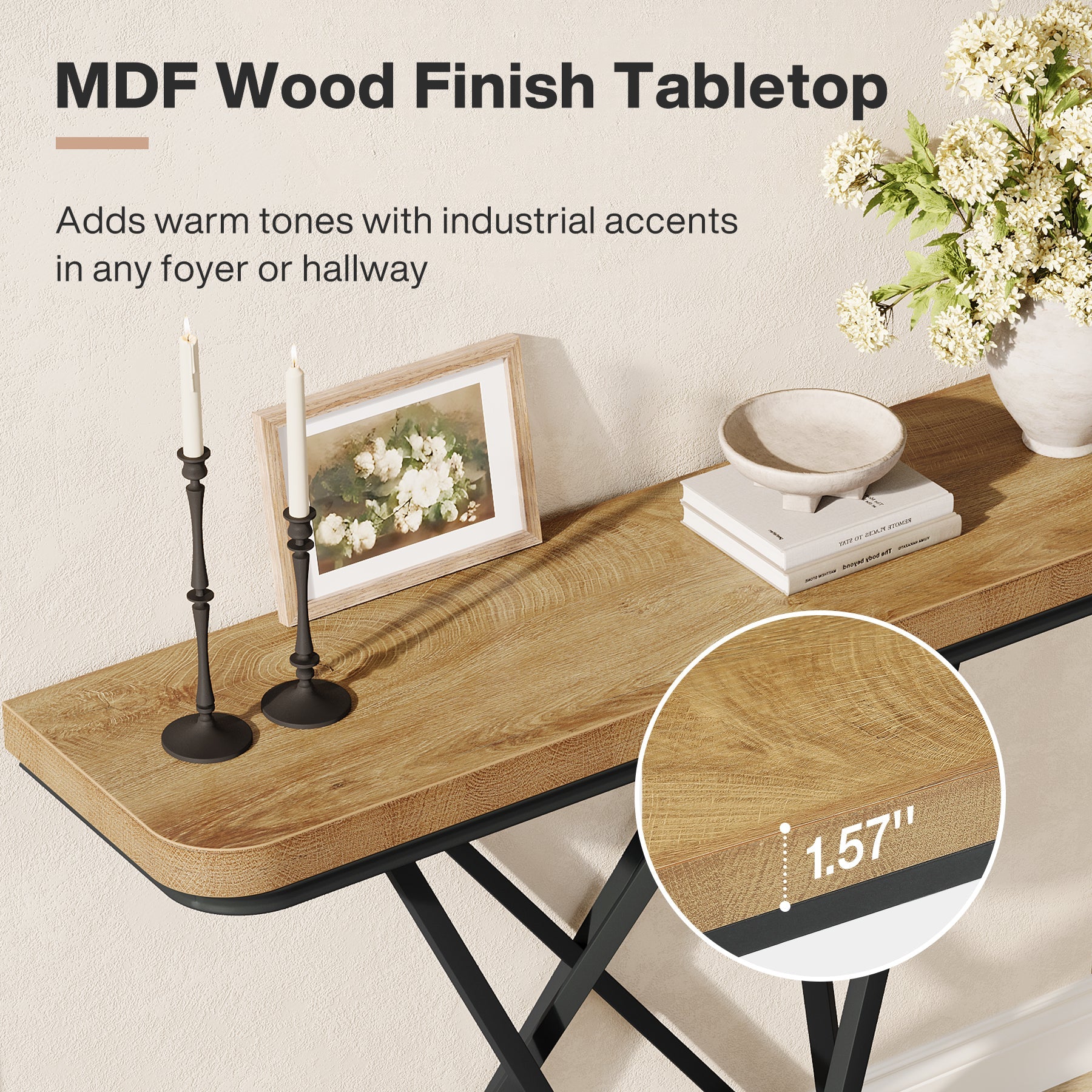 Tribesigns Consola industrial de 105 cm, Mesa de entrada estrecha con base metálica geométrica