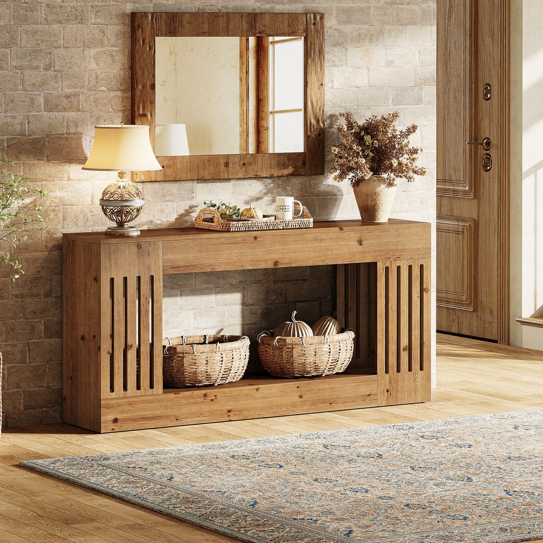 Tribesigns Consola de madera maciza de 160 cm, Mesa de sofá detrás del sofá con compartimento de almacenamiento