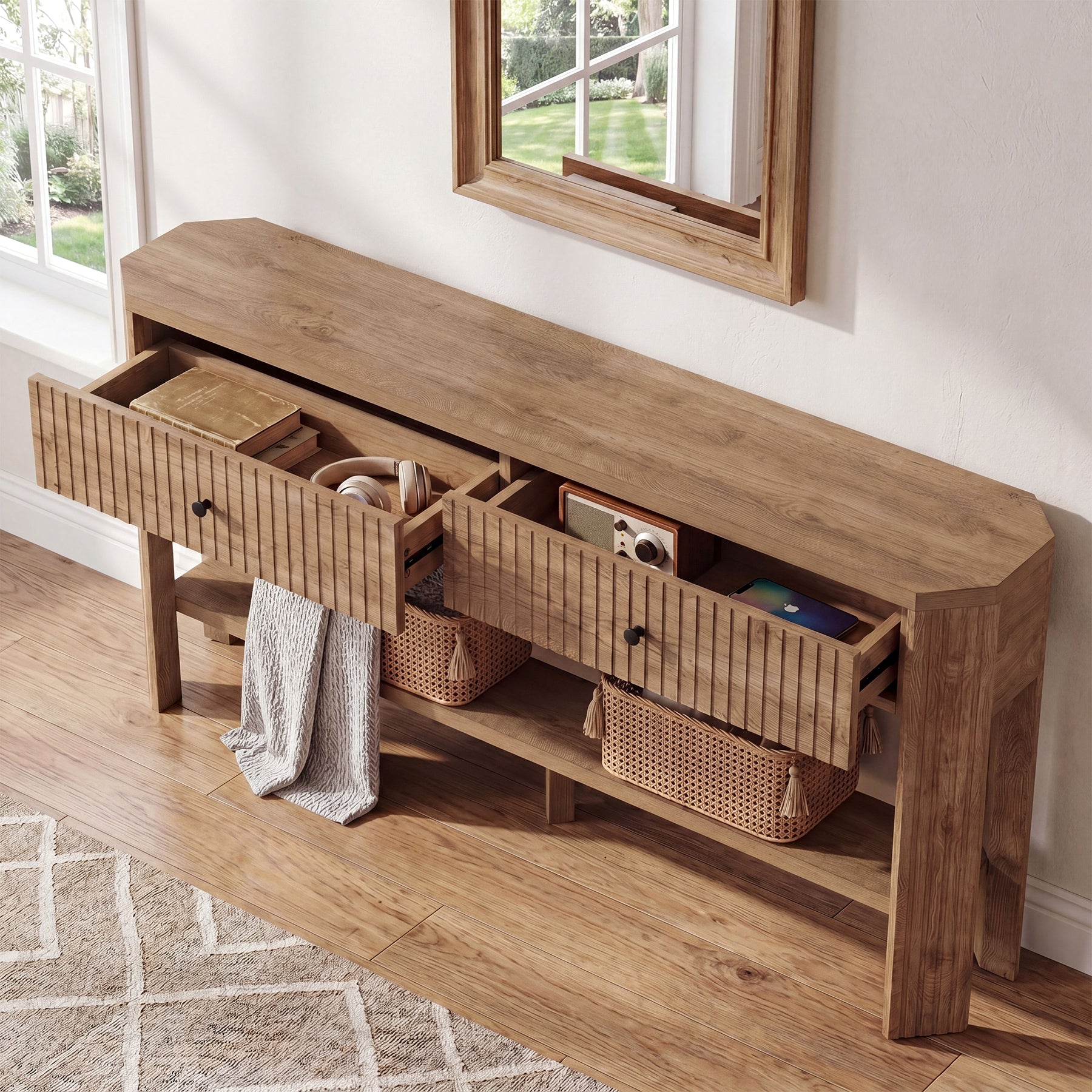 Mesa consola de 150 cm con 2 cajones, Mesa moderna y estrecha para recibidor con estante y espacio de almacenamiento