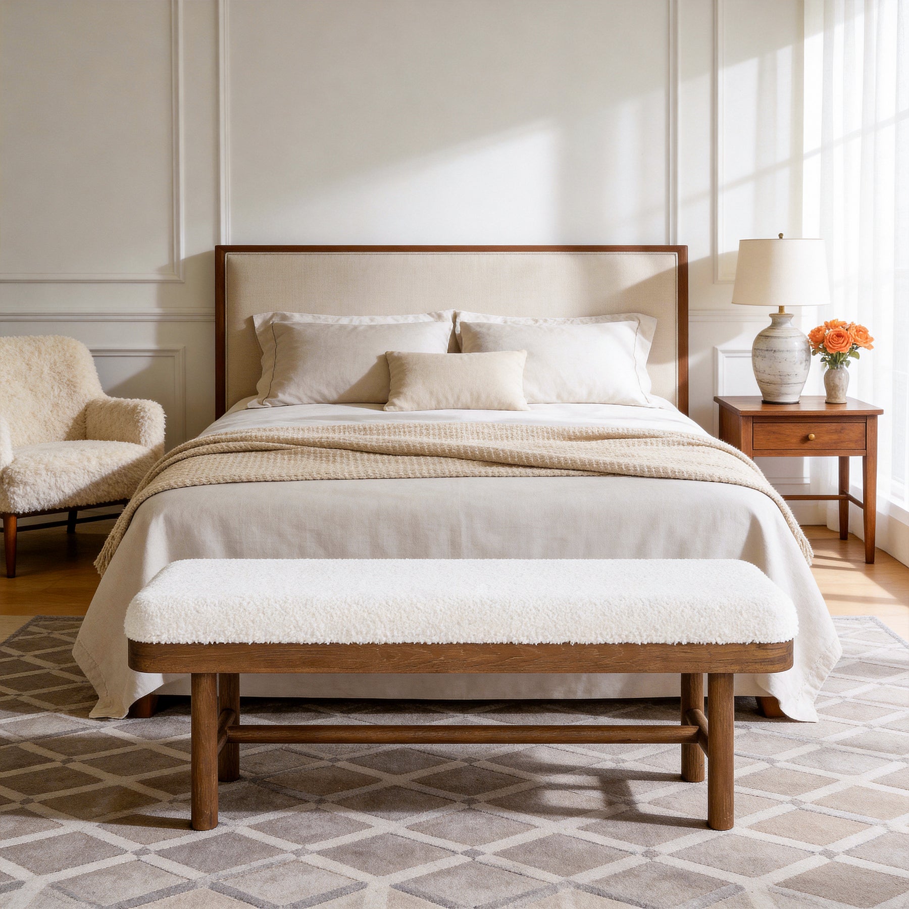 Tribesigns Banco tapizado de 140 cm, Fabricado en madera maciza Banco para dormitorio con funda de felpa