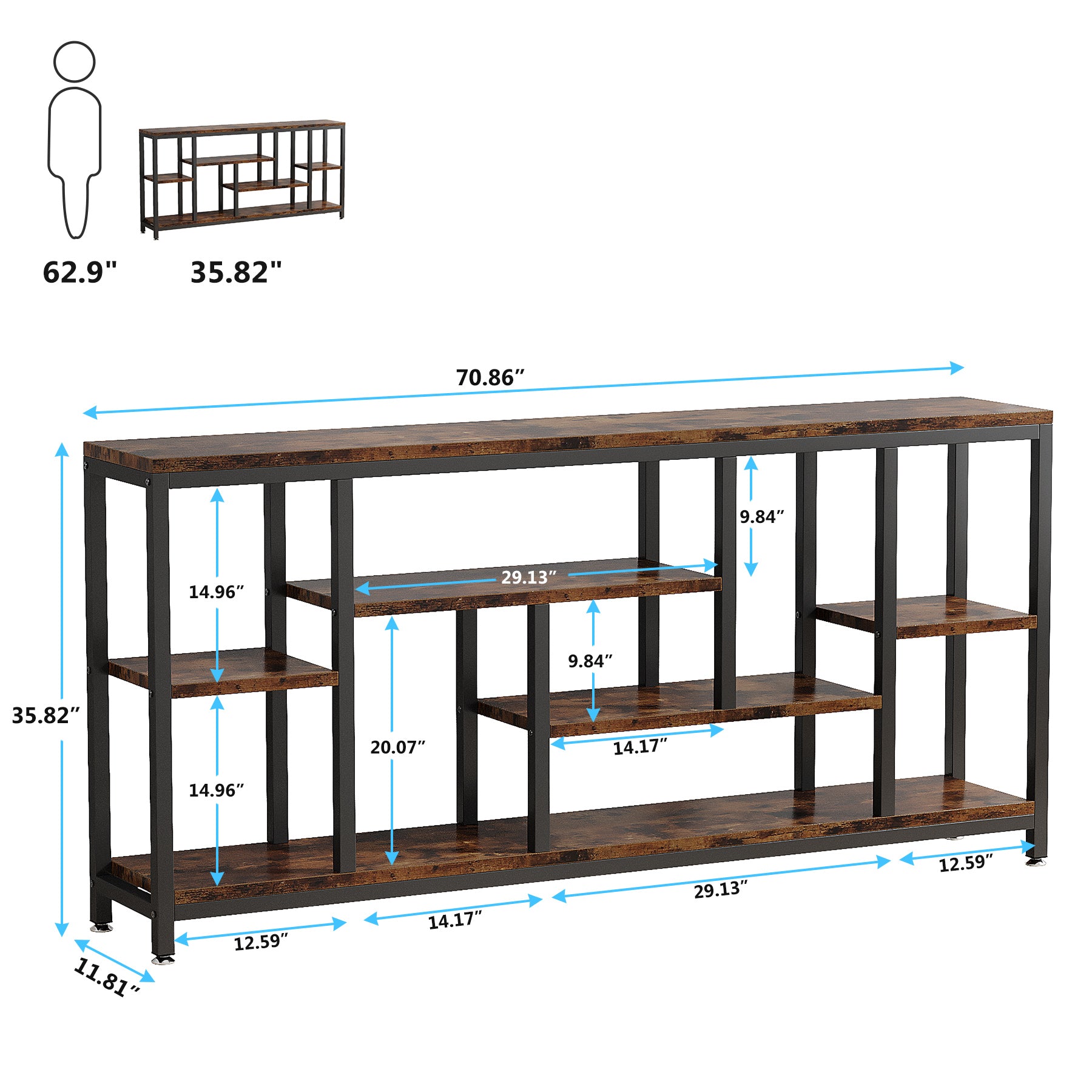 Consola industrial Tribesigns de 180 x 30 cm con almacenamiento de 3 niveles, Mesa auxiliar estrecha para colocar detrás del sofá