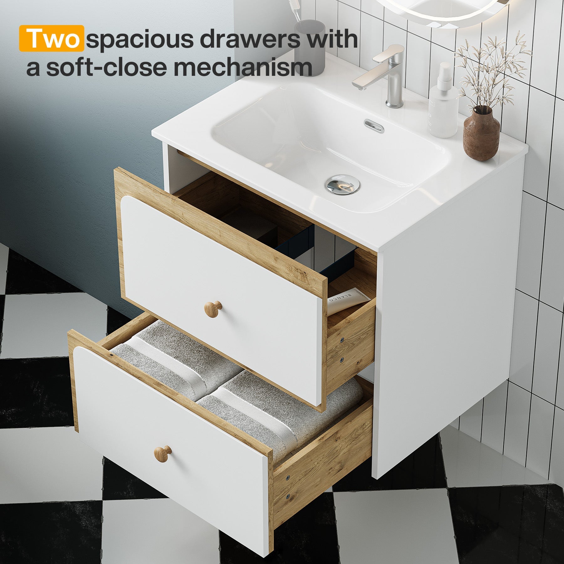 Tribesigns Mueble de baño suspendido con lavabo de cerámica, Mueble de baño moderno suspendido con puerta de cierre suave