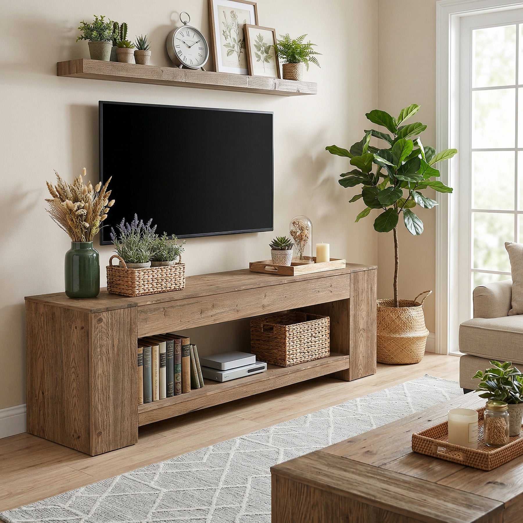 Tribesigns Mueble de TV de madera maciza de 160 cm para televisores, Mueble de TV rústico con compartimento de almacenamiento abierto