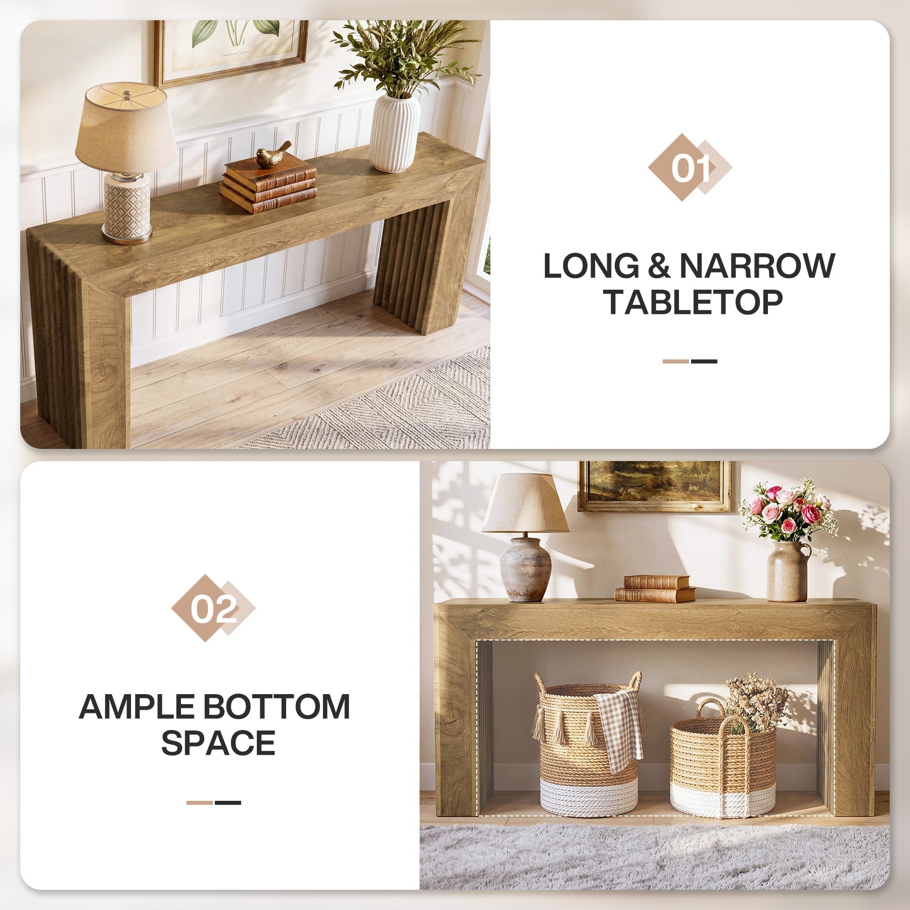 Consola de 160 cm con patas de columna estriadas, Mesa estrecha para recibidor de estilo romano