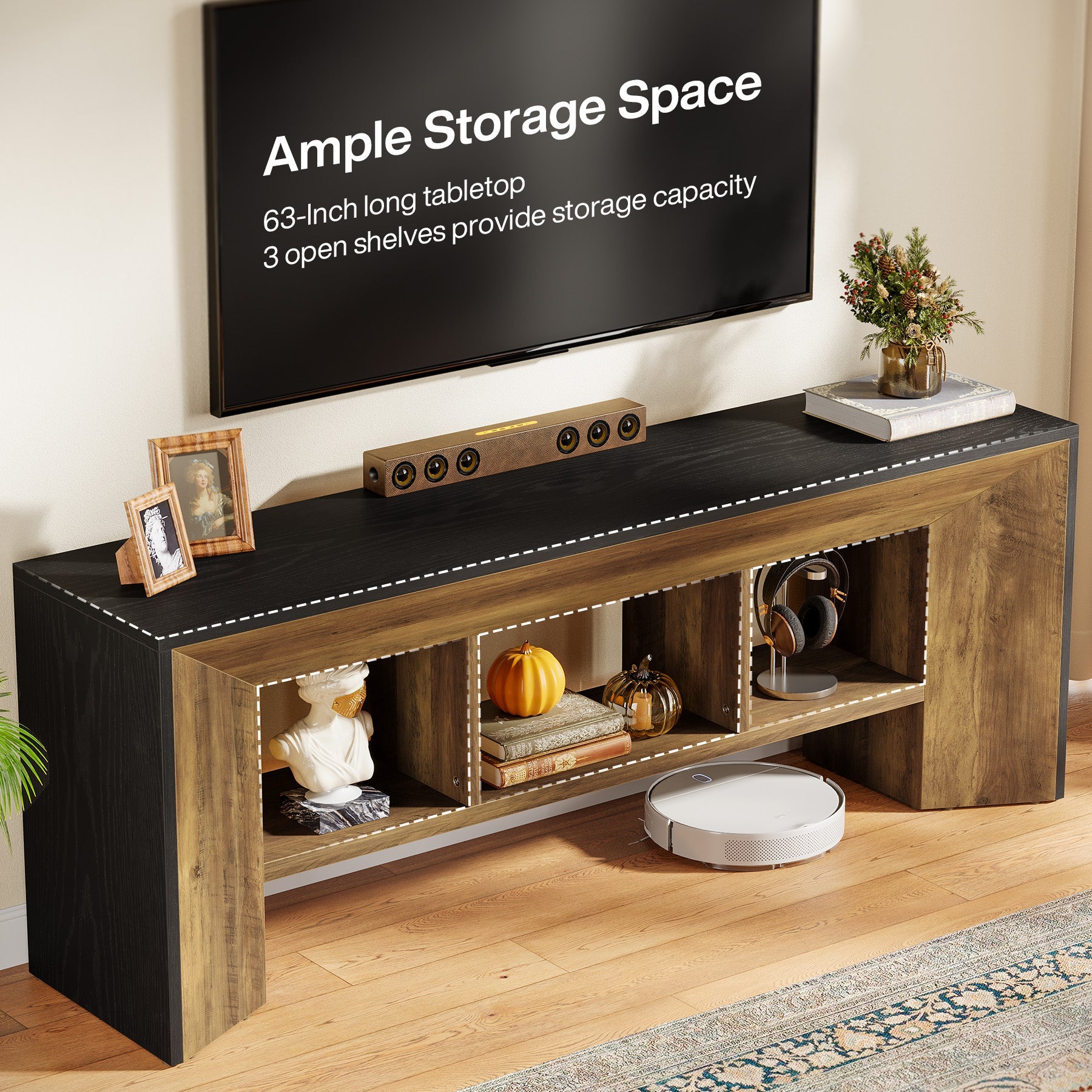 Mueble para TV de 160 cm, Mueble multimedia de 3 compartimentos para salón
