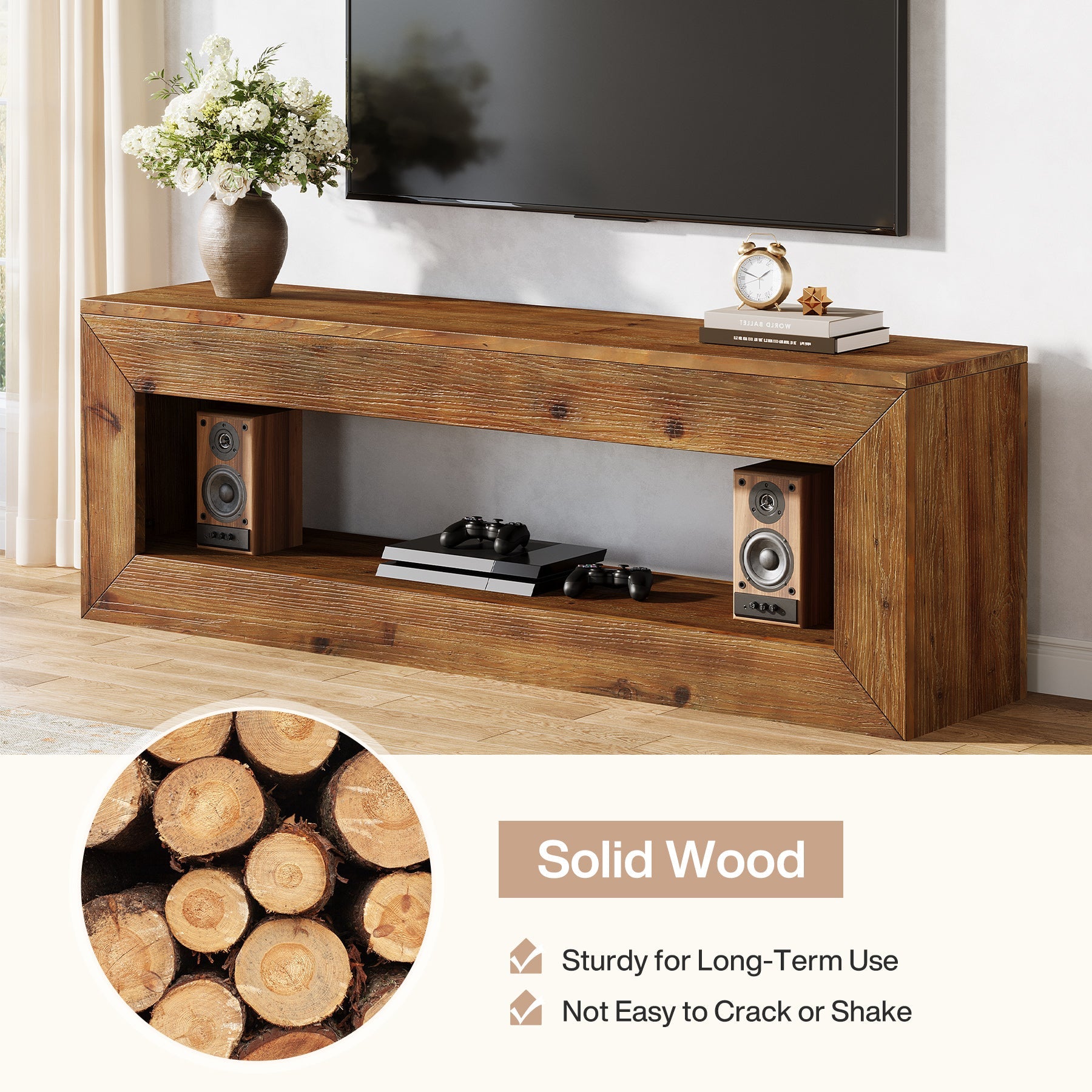 Tribesigns Mueble de TV de 120 cm de madera maciza con almacenamiento, Mueble bajo rústico para equipos multimedia