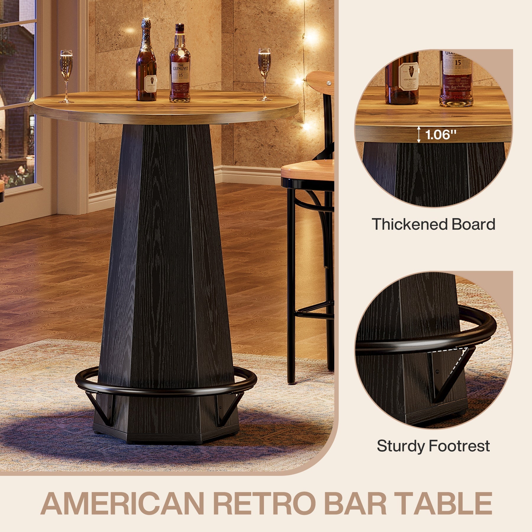 Tribesigns Mesa de bar redonda de 100 cm para 2 personas, Mesa de comedor industrial con reposapiés