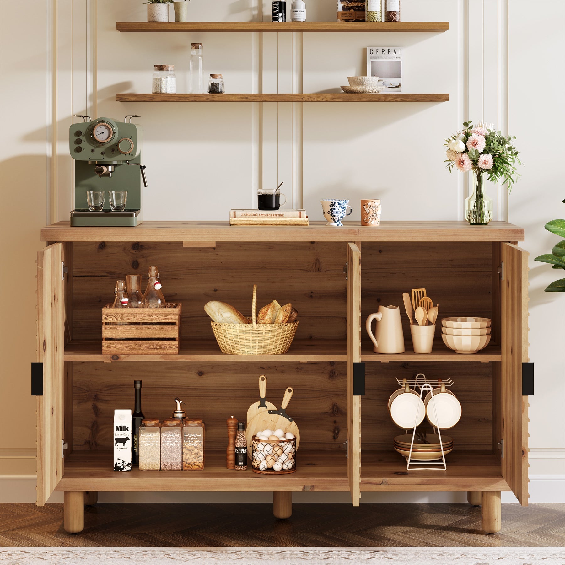 Aparador de madera maciza con espacio de almacenamiento, Vitrina de estilo rústico con 3 puertas y 2 estantes ajustables