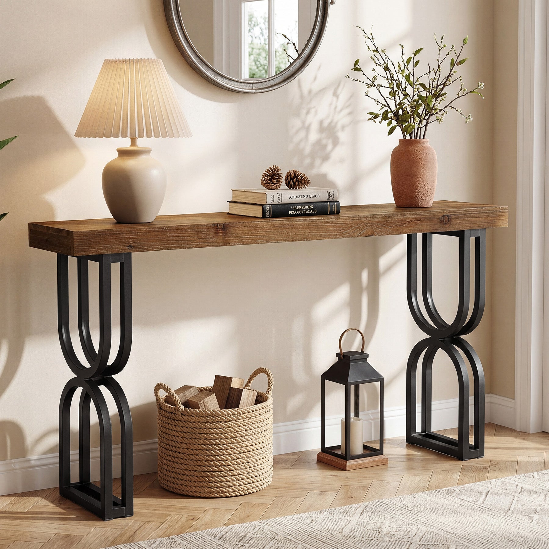 Tribesigns Mesa consola de madera maciza de 150 cm con patas metálicas en forma de U para recibidor