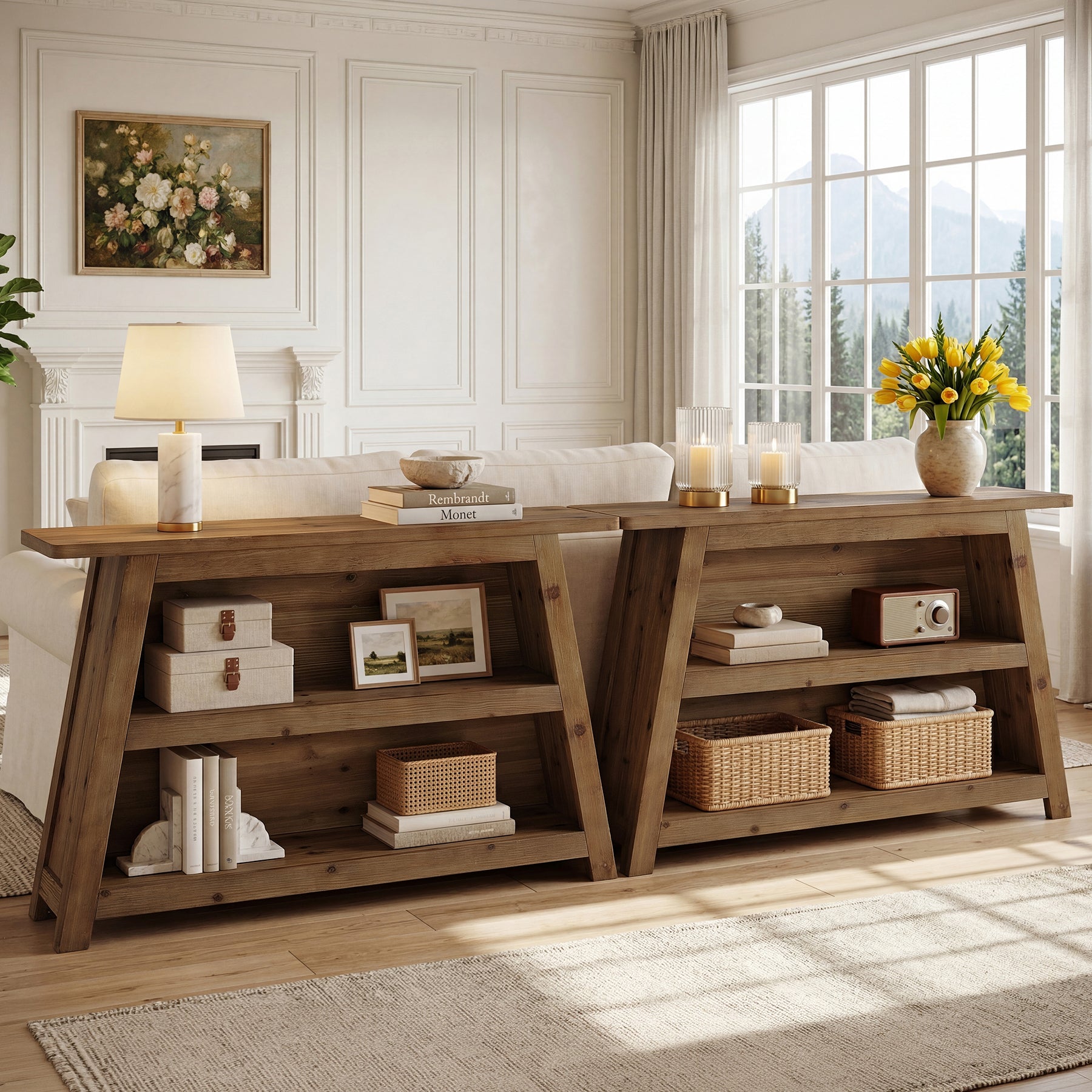 Tribesigns Mesa consola de madera maciza de 120 cm, Mesa de recibidor de 3 niveles de estilo rústico con estantes