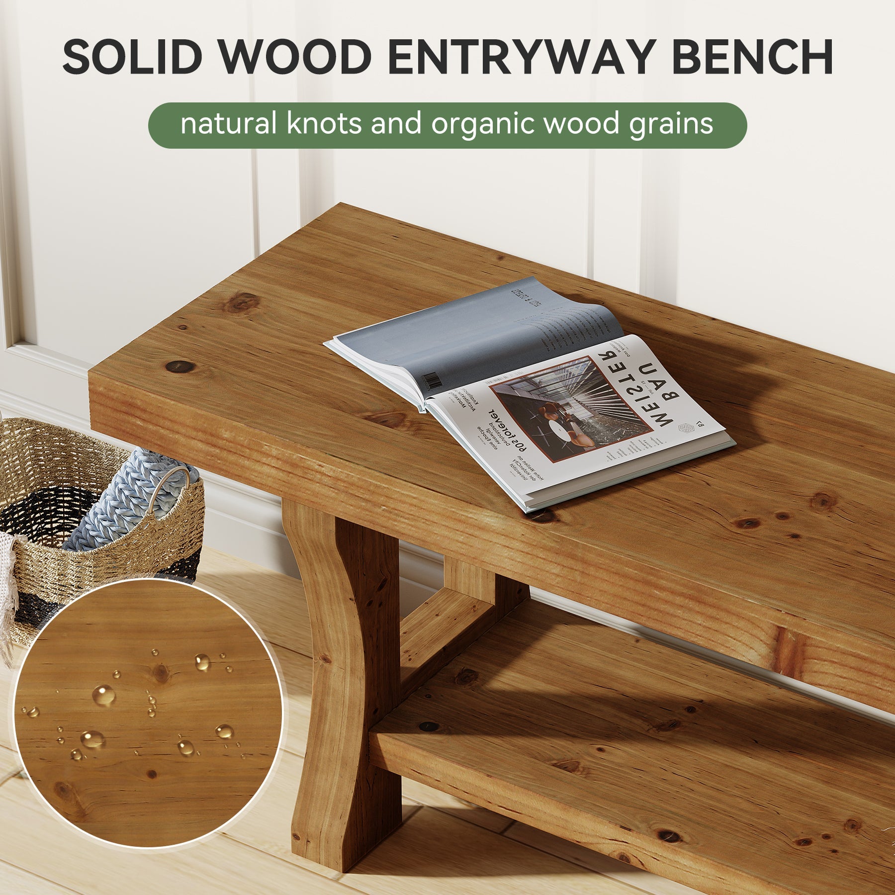 Tribesigns Banco de pasillo de madera maciza de 140 cm con almacenamiento abierto, Banco rústico para zapatos, ideal para pasillo, dormitorio y comedor