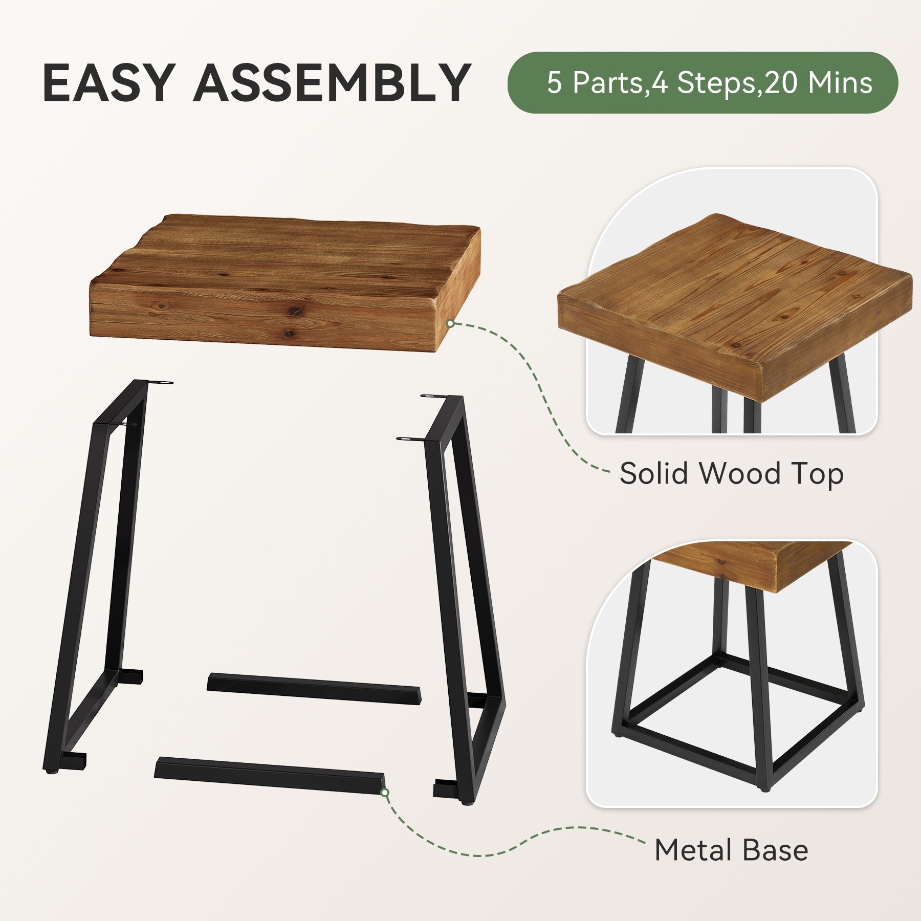 Tribesigns Mesita auxiliar de madera maciza 50 cm, Mesita de noche cuadrada con base metálica