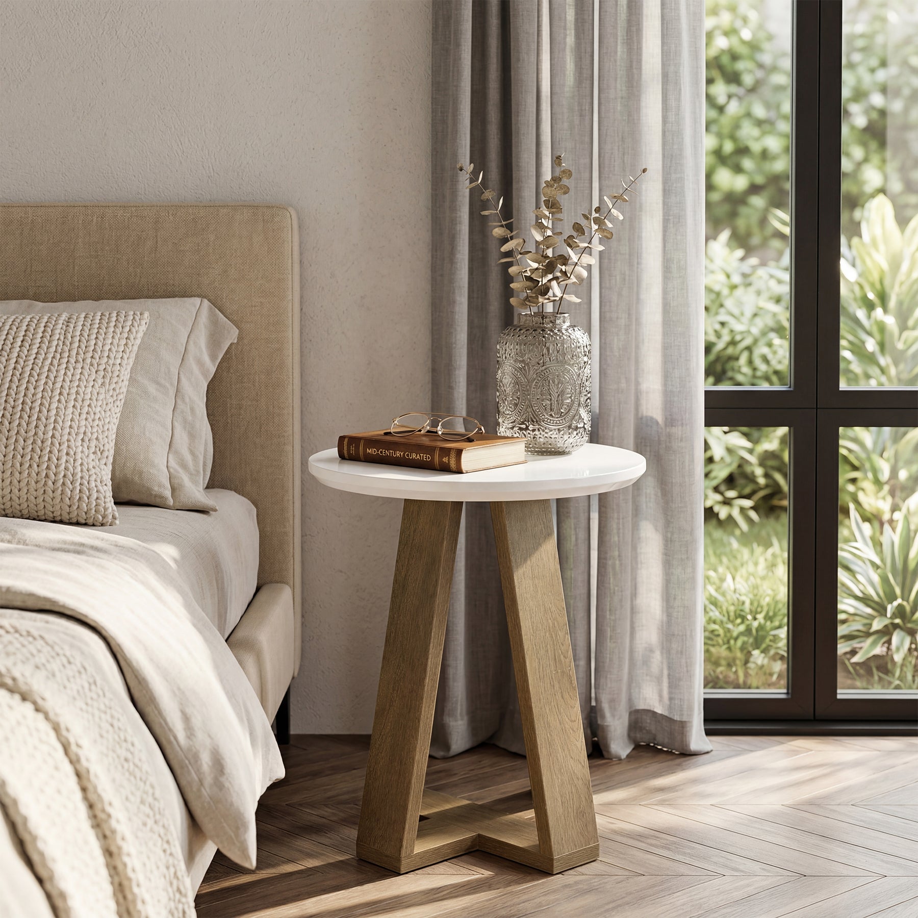 Tribesigns Mesa auxiliar redonda de 50 cm, Mesita de noche moderna blanca para salón y dormitorio