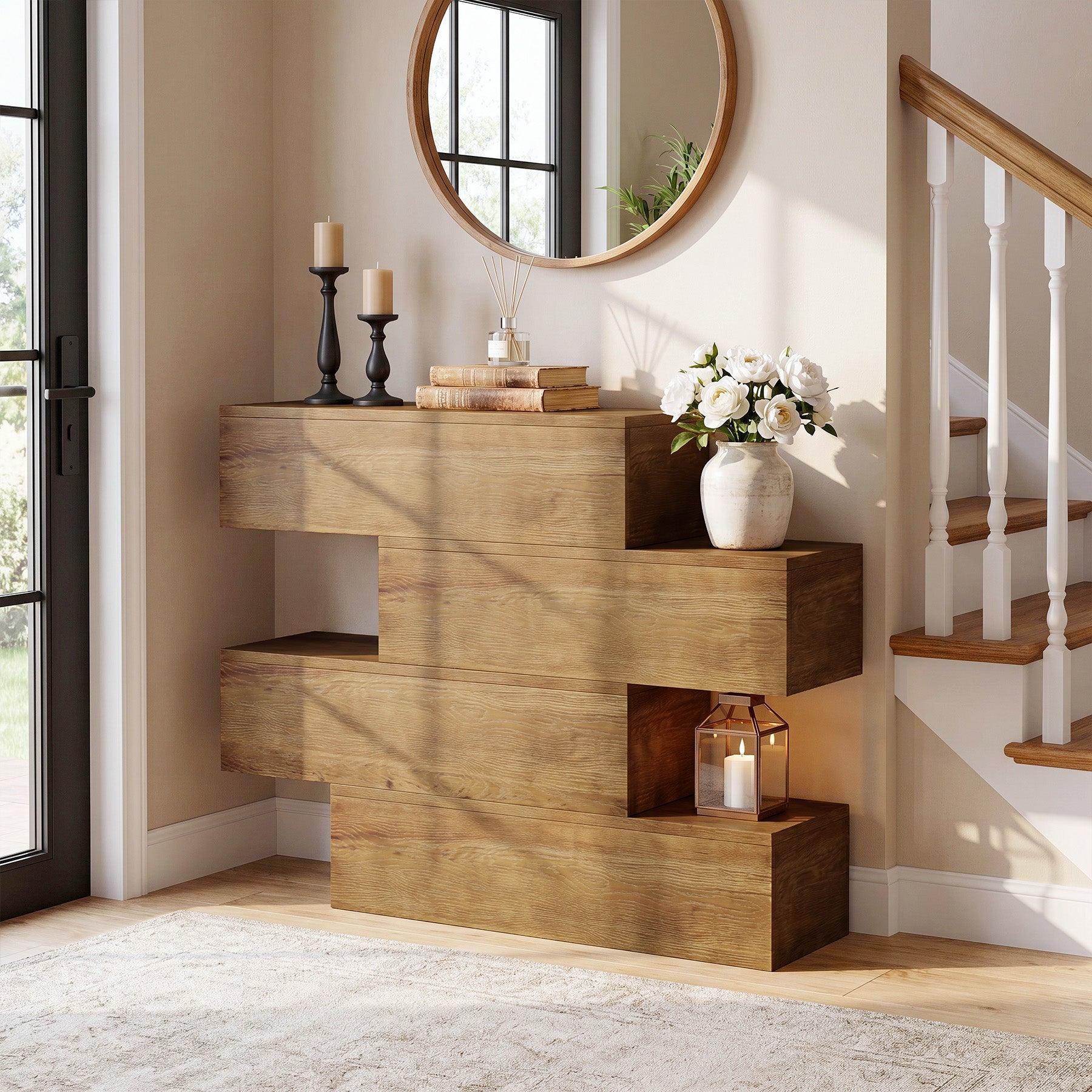 Consola de madera maciza de 110 cm con 4 estantes, Mesa estrecha para recibidor de estilo rústico