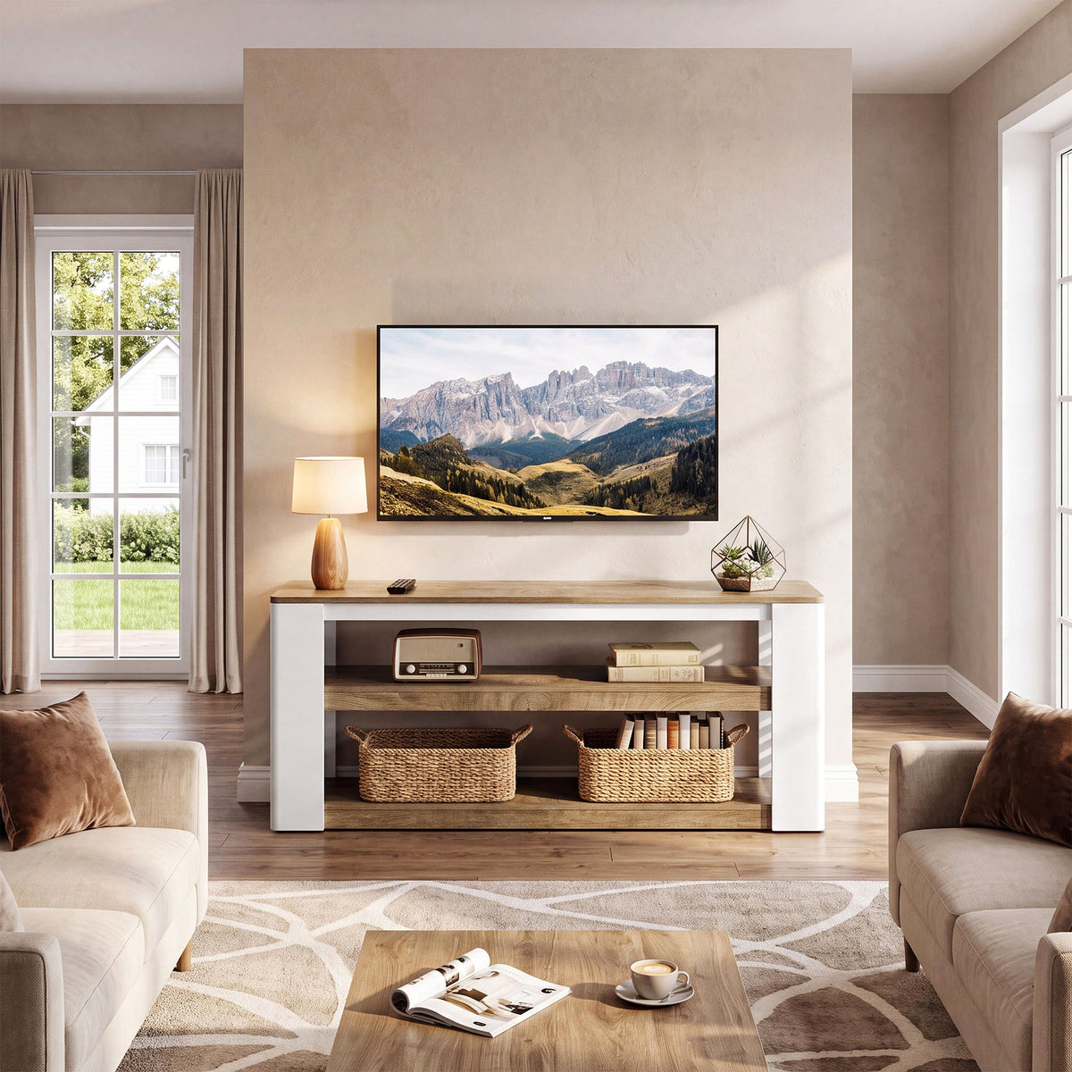Mueble bajo para TV de 160 cm para televisores de hasta 75 pulgadas, Mueble de 3 niveles con espacio de almacenamiento y laterales de lamas